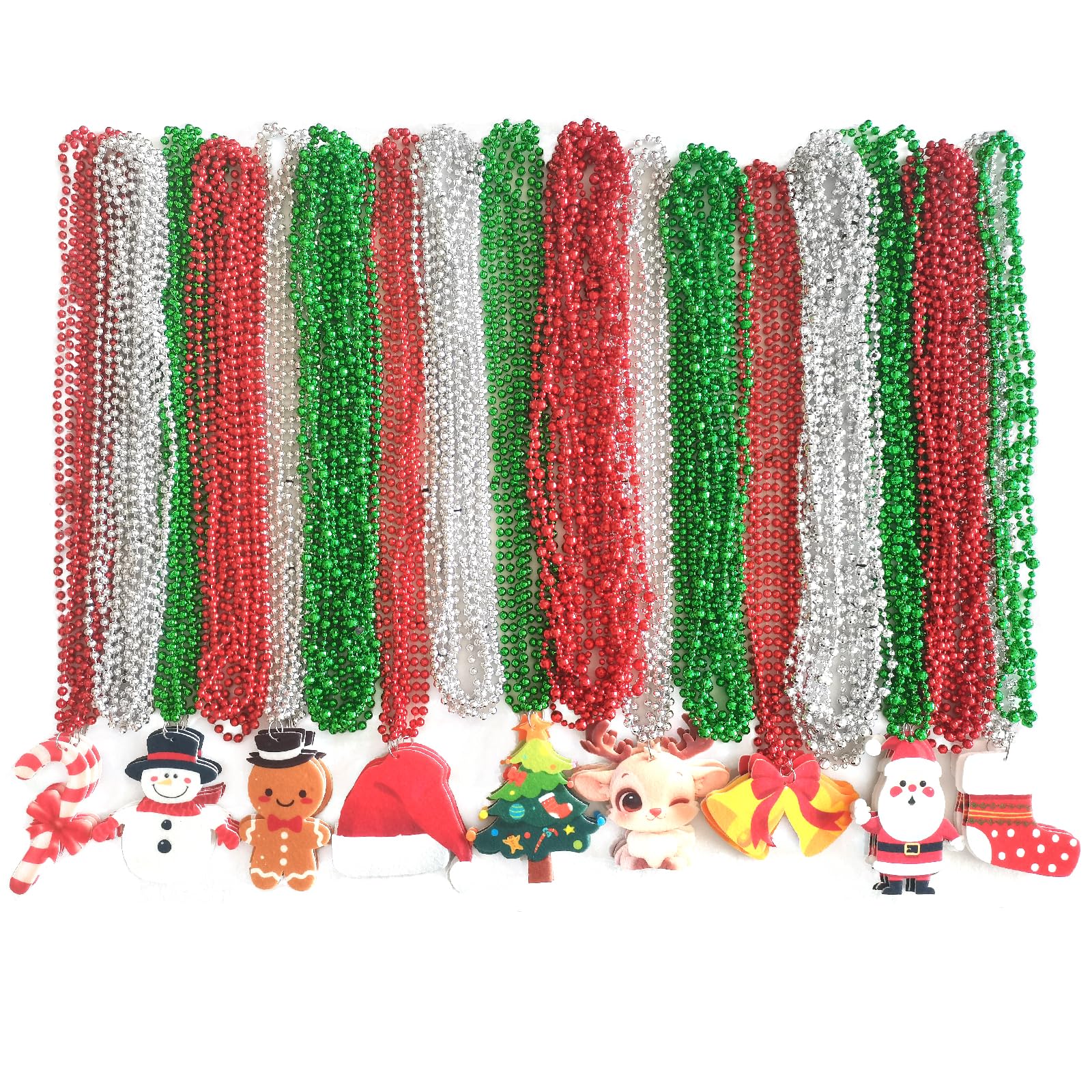 Voopurbic 100 Pack Christmas Bead Necklaces, Metallic Red Silver Green Mardi Gras Beads Necklaces With Cute Xmas tree Snowman Santa Claus Pendants For Christmas Party Decoration