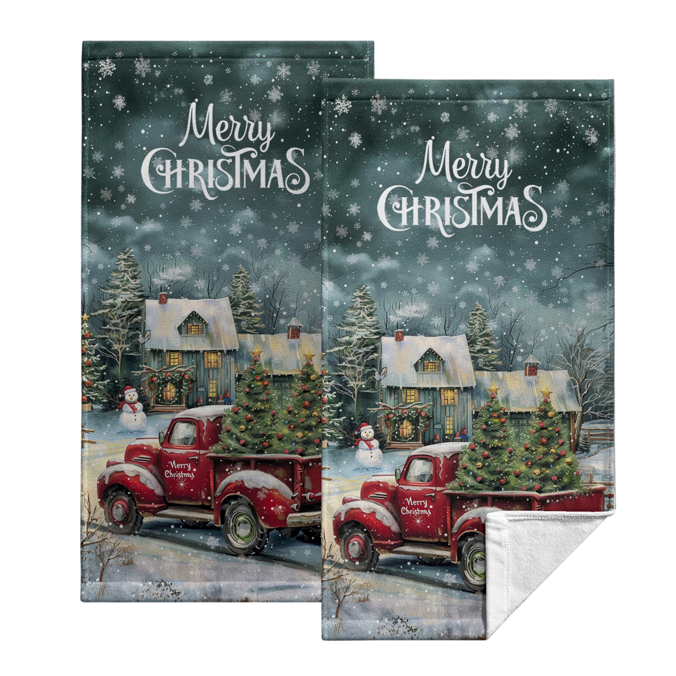 Kwlegh Christmas Red Truck with Xmas Trees Hand Towels 14.4x28.3 Merry Christmas Towels Set of 2 Red Truck Kitchen Towels Absorbent Quick Dry Face Fingertip Towels for Bathroom Kitchen Hotel โ image 1