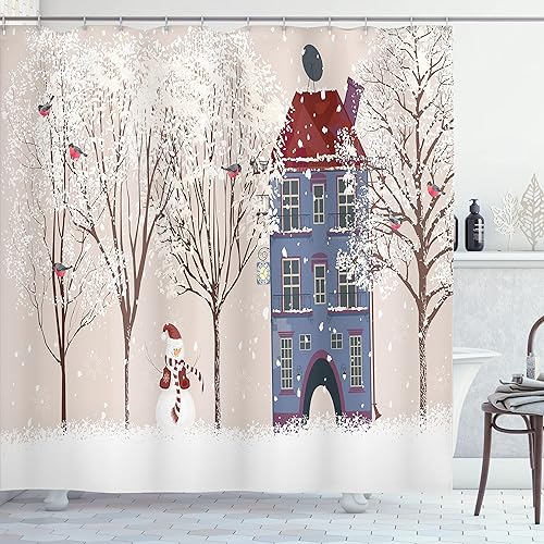 Miniatura 17 de Ambesonne Cortina de ducha de Navidad, estilo retro, palabras de deseos de Navidad con forma de árbol con adornos, juego de decoración de baño de