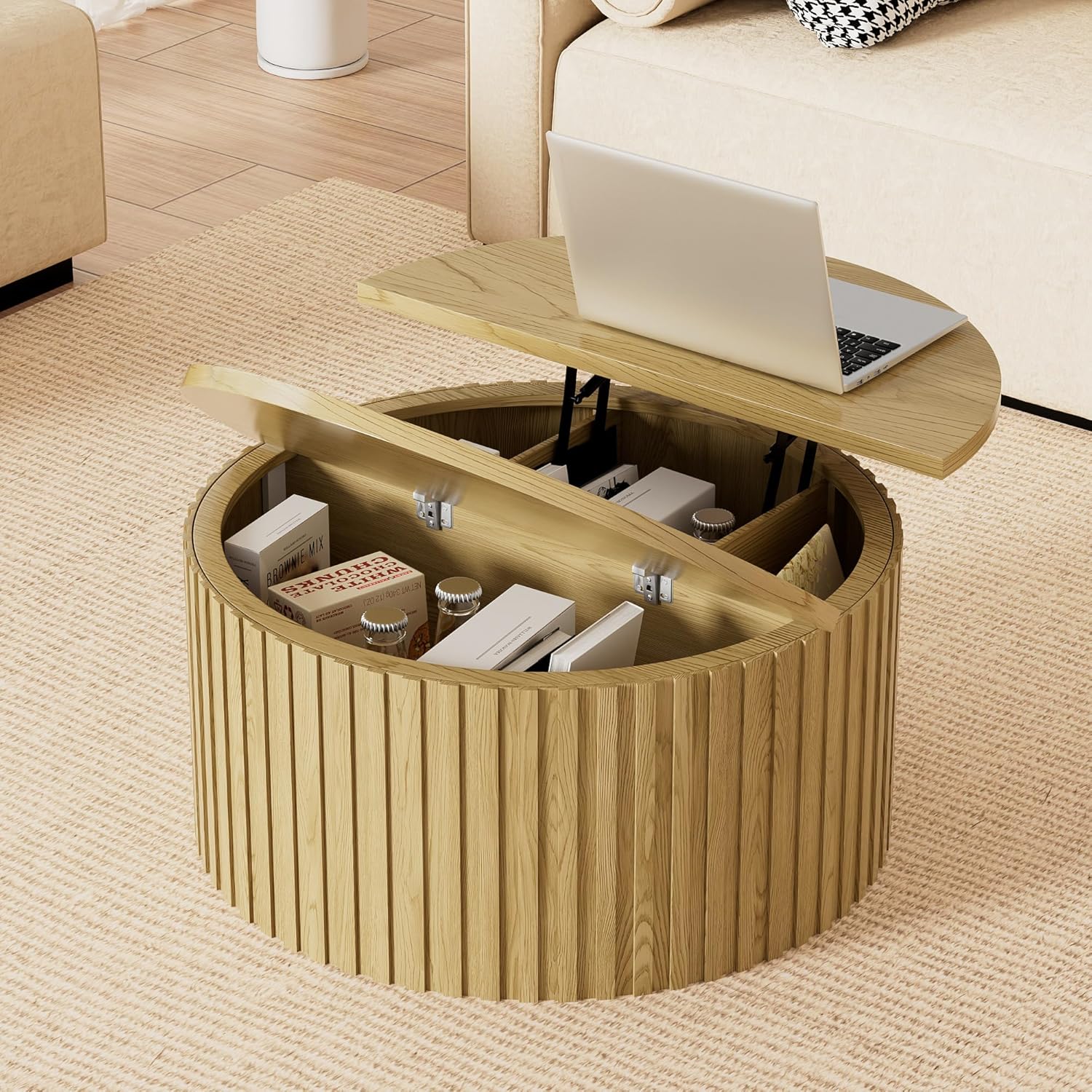 Fluted Lift Top Coffee Table with Storage, 31.5'' Farmhouse Round Coffee Tables for Living Room, Modern Wood Center Tables with Hidden Compartment for Home, Office (Wood Color)