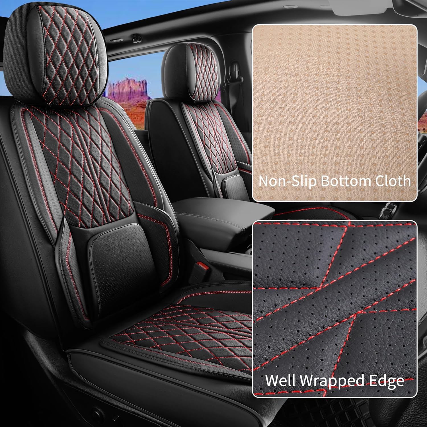 Universal Car Seat Cover Fit for Cars, SUV, Sedans, Anti-Slip Breathable (Black Redline, Full Set)