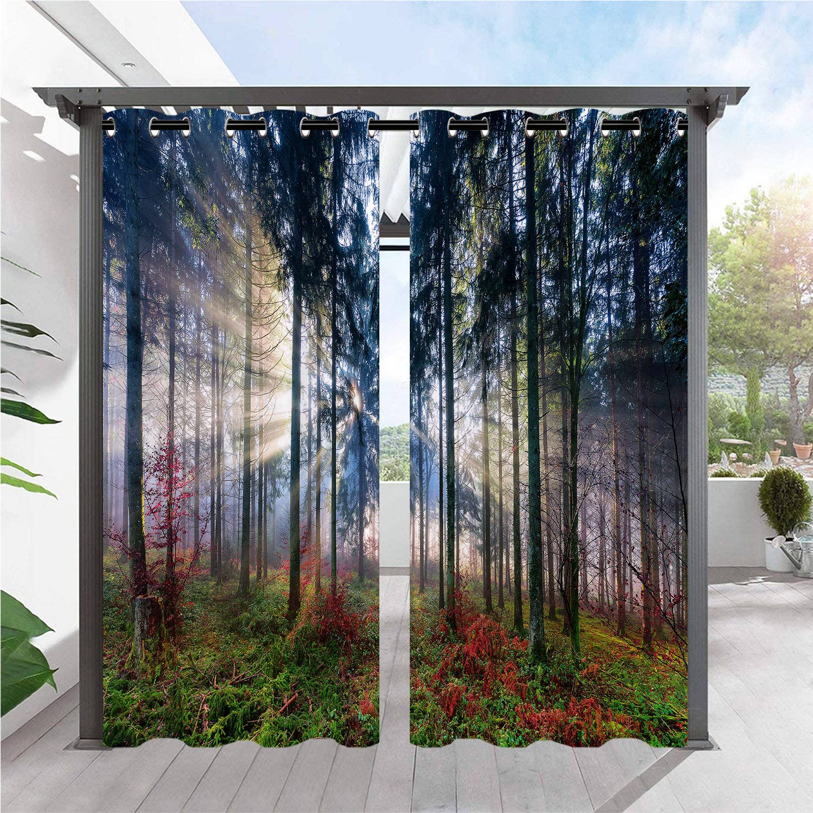ANHOPE Outdoor Curtains Waterproof Eyelet Ring Top Drapes Nature Forest Tree Woodland Scene Print Pattern Privacy Outside Curtains for Garden Patio Gazebo Pergola Pool Porch 2 Panels 52 x 84 Inch โ image 1