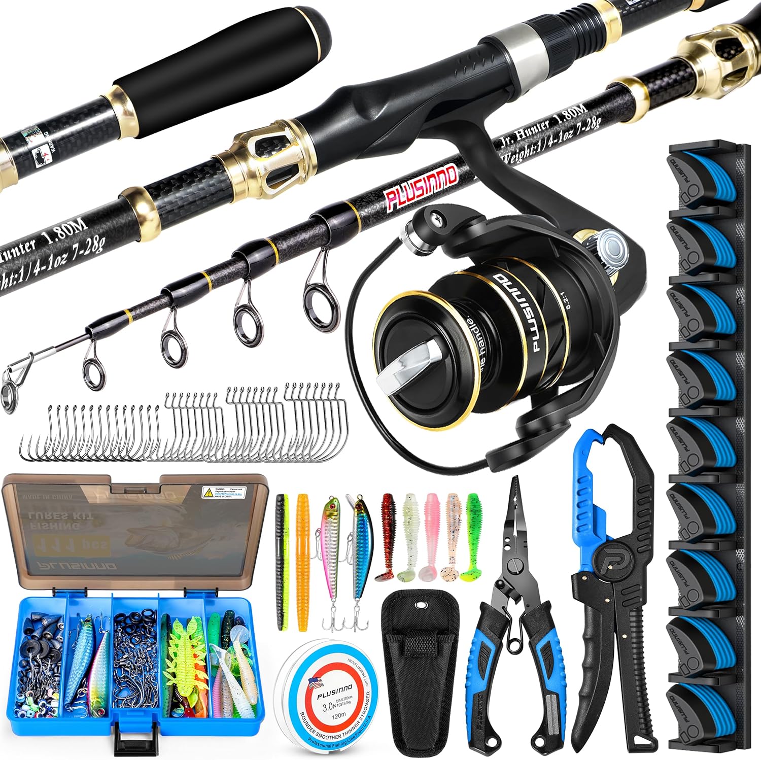 Plusinno Fishing Gear Full Kit with Rod and Reel Combo, Tackle Box, Lures, Accessories, and Pliers