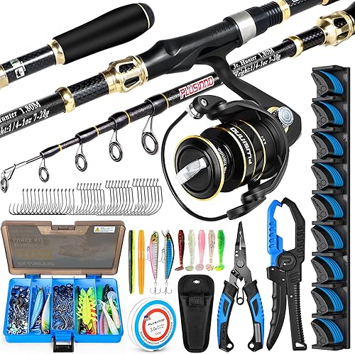 PLUSINNO Equipo de pesca, kit completo de pesca incluye caña de pescar y carrete combo, caja de aparejos con señuelos de pesca, accesorios de pesca,