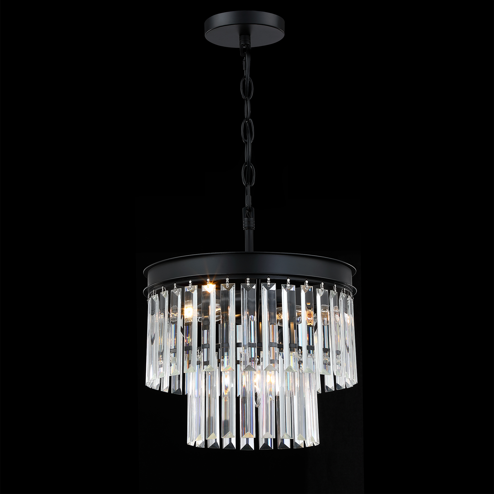 MEXO Crystal Chandelier Lighting Fixture Black Finish, 2-Tier