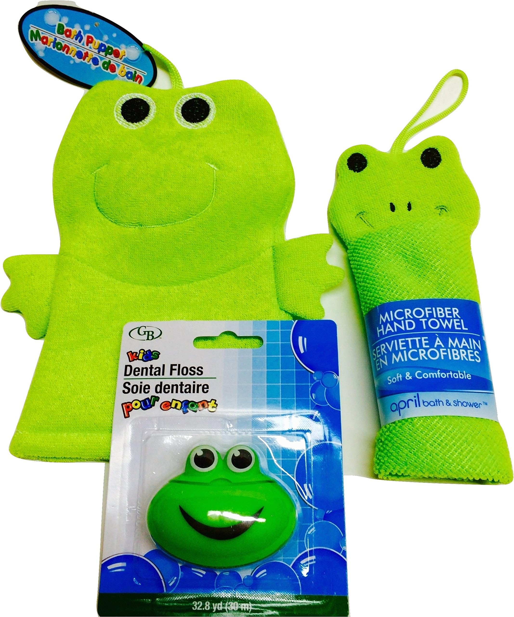 Children's Bath Buddies- Delightful and Friendly Green Frogs! Soft Microfiber Hand Towel and Bath Puppet Plus Green Froggy Dental Floss Dispenser! 3-Piece Bundle