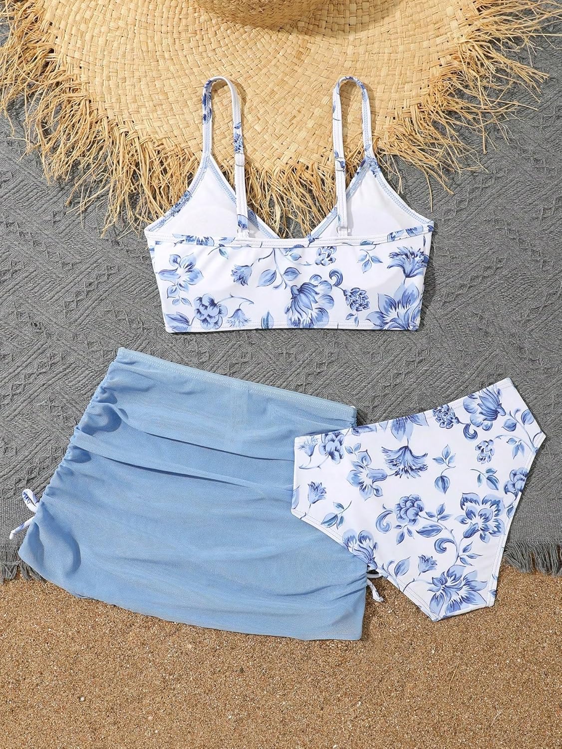 COZYEASE Girls' 3 Piece Set Floral Print Bikini Swimsuit with Drawstring Beach Skirt Cute Ruched Bathing Suit - Image 3