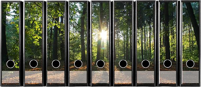 codiarts.® Set of 9 self-Adhesive File Labels for Wide Files, Motif: Sunshine in The Forest