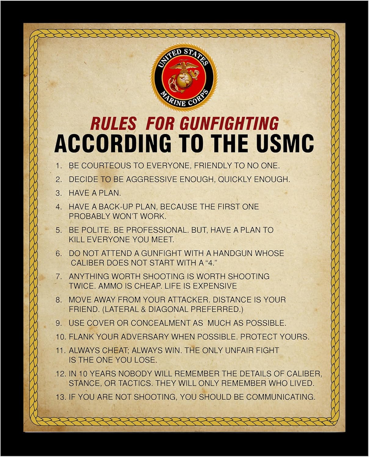 Rules For Gun Fighting - Wall Decor Print, Patriotic Military Wall Art, Veterans Office Decor, Home & Classroom Decor (Brown Framed, 8 x 10 inches)