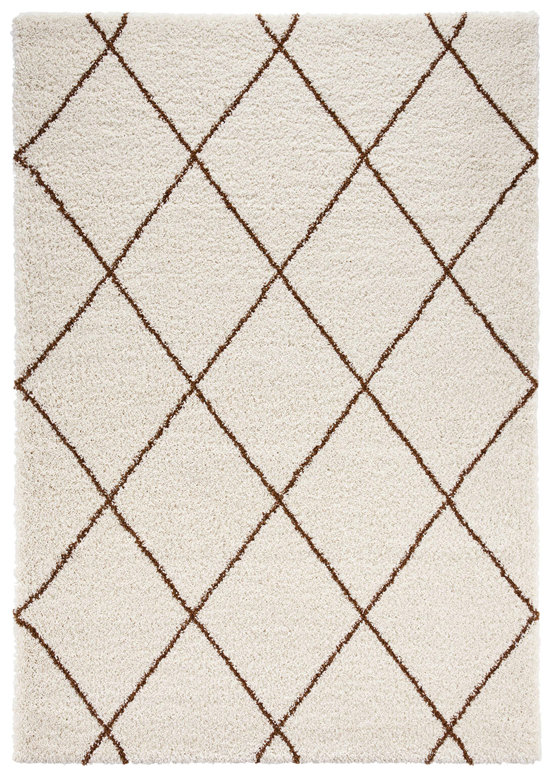 Feel Shaggy Flokati Tapis à Poils Longs Doux et Moelleux Motif Losanges pour Salon, Cuisine, Couloir ou Chambre à Coucher, Couleur crème, Marron Ocre, 80 x 150 cm, polypropylène