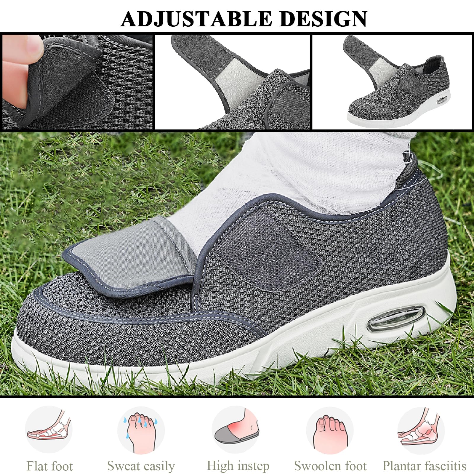 Buty do chodzenia dla cukrzyków, dla mężczyzn i kobiet, bardzo szerokie, antypoślizgowe, oddychające, wygodne, dla seniorów, opuchniętych stóp