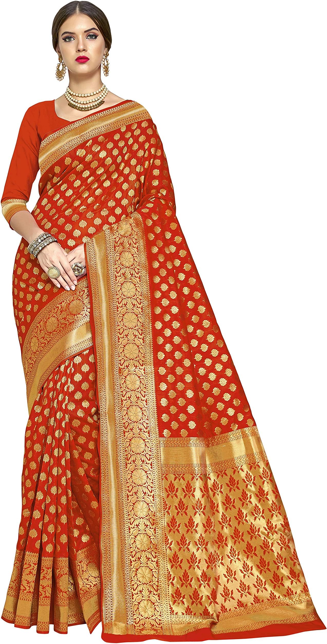 Women's Kanchipuram Art Silk Saree With Blouse Piece, Orange, 5.5 Meters, Orange, 5.5 Meters