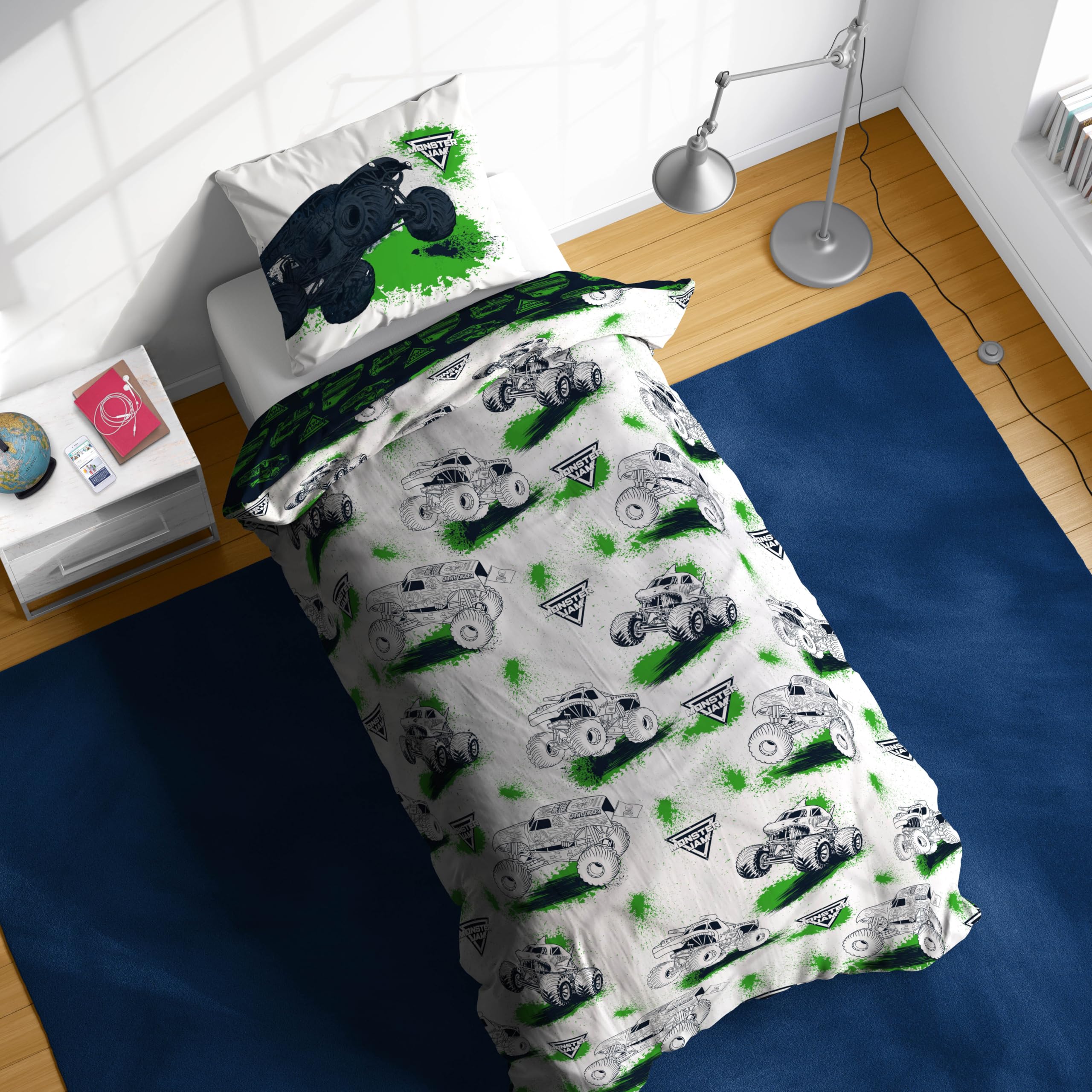 Jay Franco Kids Feld Monster Jam Set copripiumino – Biancheria da letto morbidissima con federa, SOLO COPERTA, piumone non incluso, bianco, 2 pezzi singolo