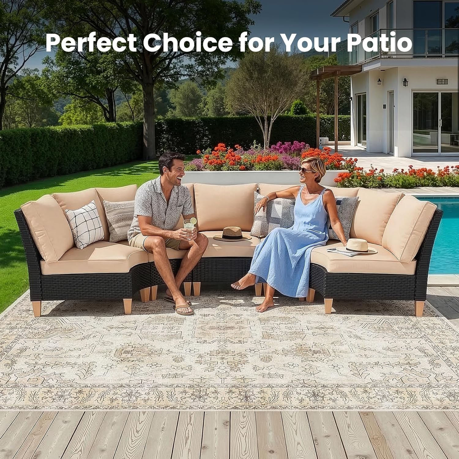 Soohow Half-Moon Patio Conversation Set, 5 Piece Outdoor Sectional Furniture Set with Cushions, Wicker Patio Conversation Set Outdoor Sectional Sofa, All-Weather for Garden, Backyard and Poolside