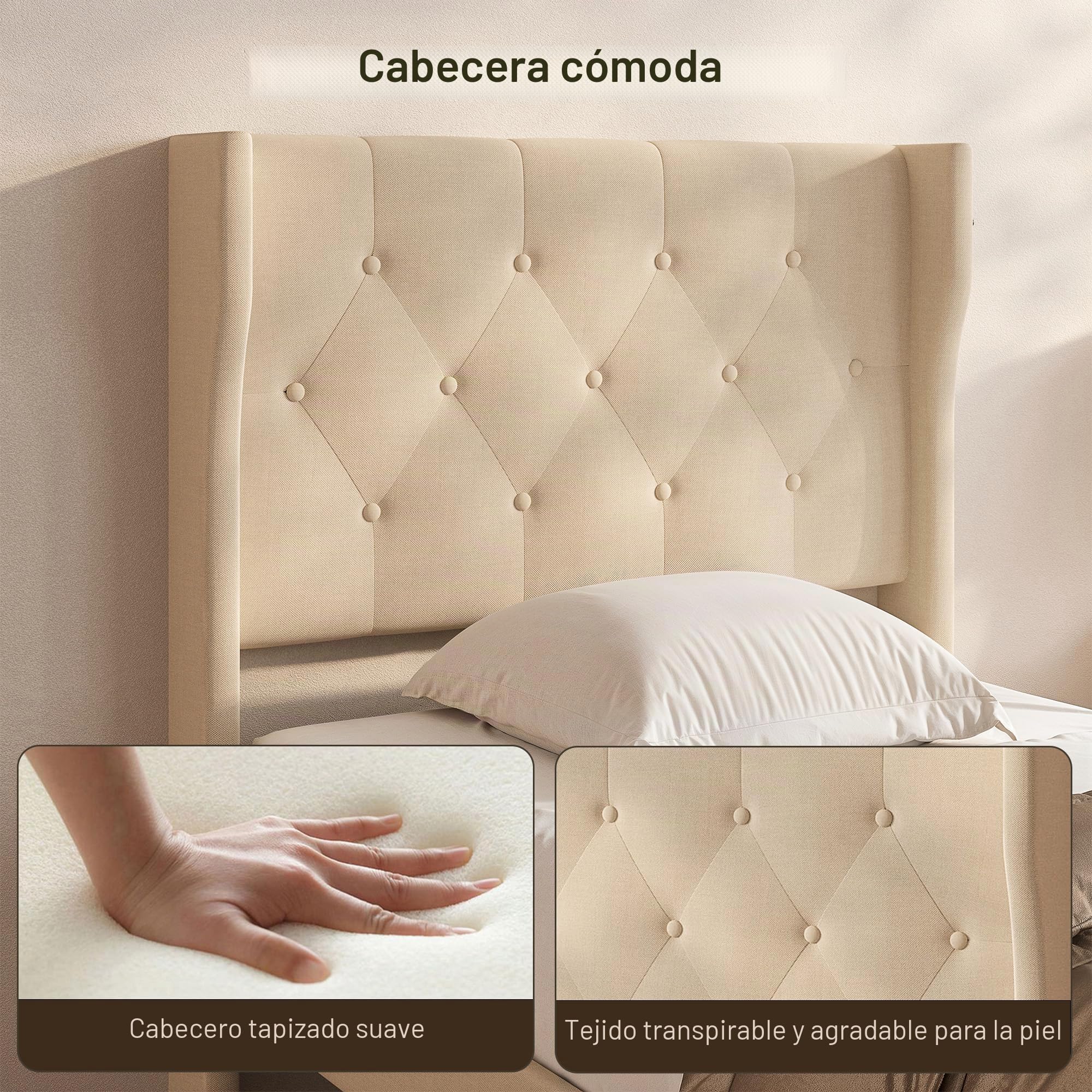 Xbro Cama Tapizada 90x200 cm con Cabecero Acolchado y Somier de Lamas de Madera, Cama Individual Estable con Almacenaje, Montaje Fácil