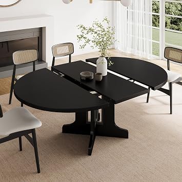 Feonase 59 Round Extendable Dining Room Table for 4-6, Modern Oval Kitchen Table with Heavy Duty Wood Base, Metal Frame Support, for Kitchen Dining Living Room, Easy Assembly, Black
