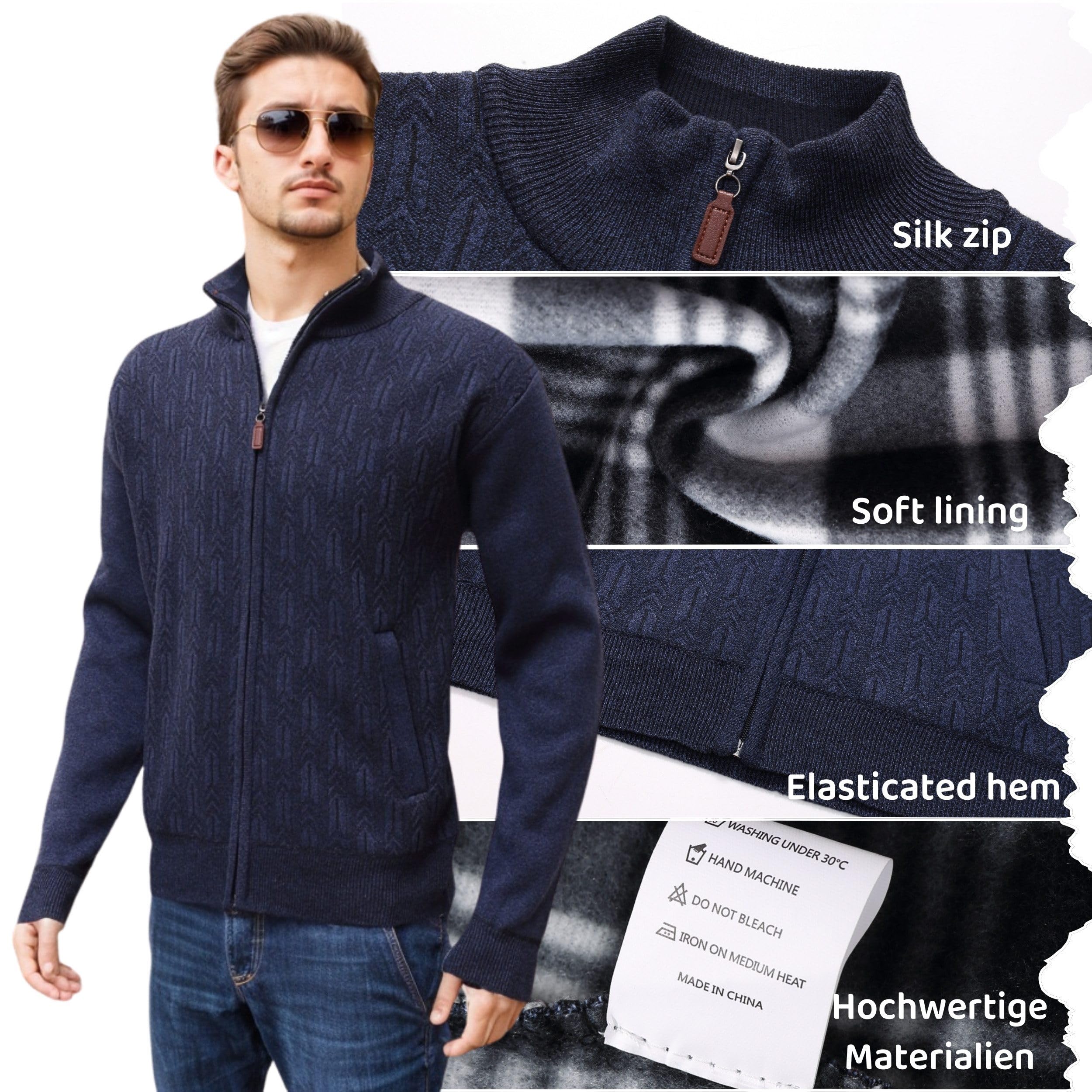 Cárdigan de Punto para Hombre Cálido Chaqueta Cuello Alto Cremallera Forro Polar Slim Fit