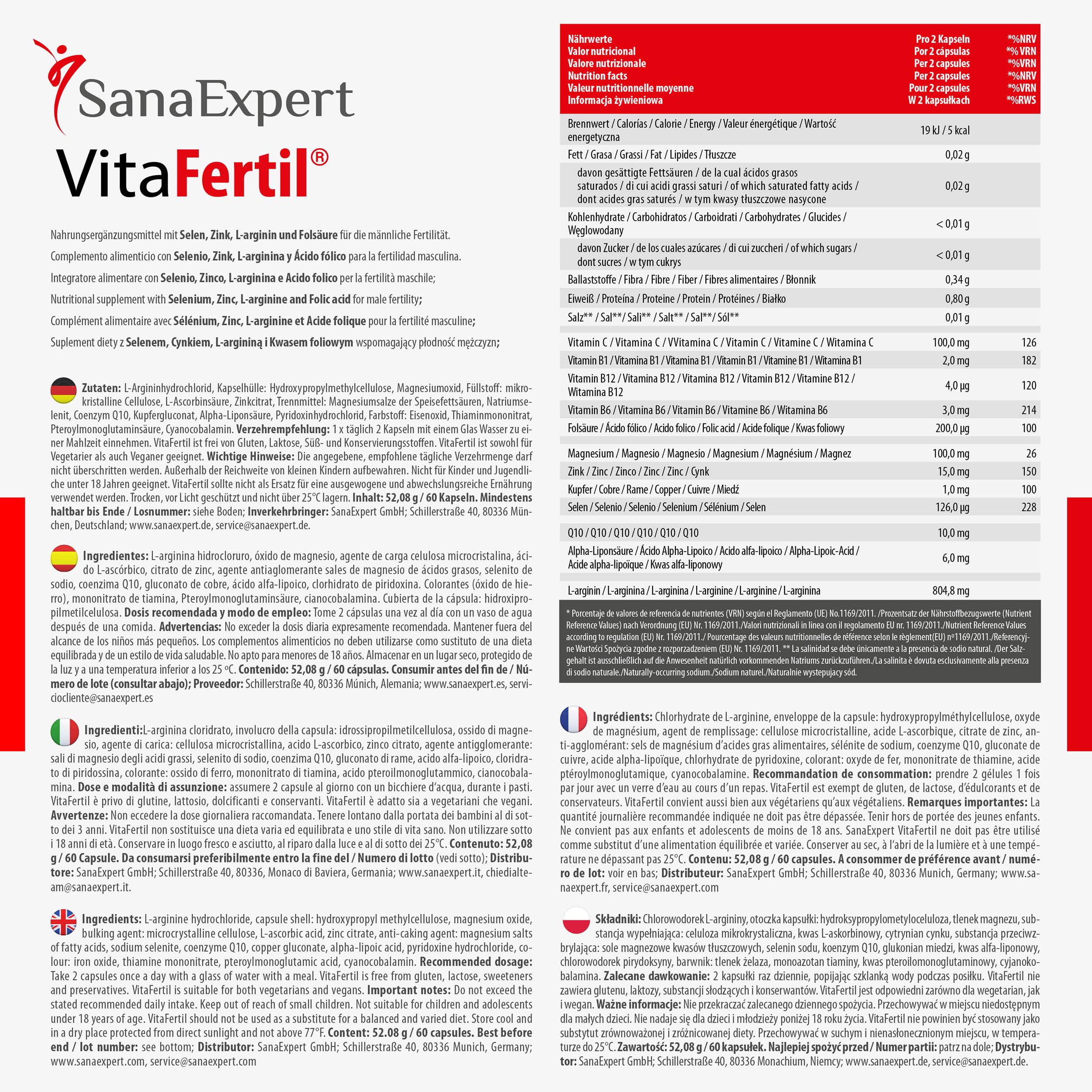 SanaExpert VitaFertil – suplement diety dla mężczyzn – z L-argininą, cynkiem i niezbędnymi witaminami – 60 kapsułek – wyprodukowano w Niemczech
