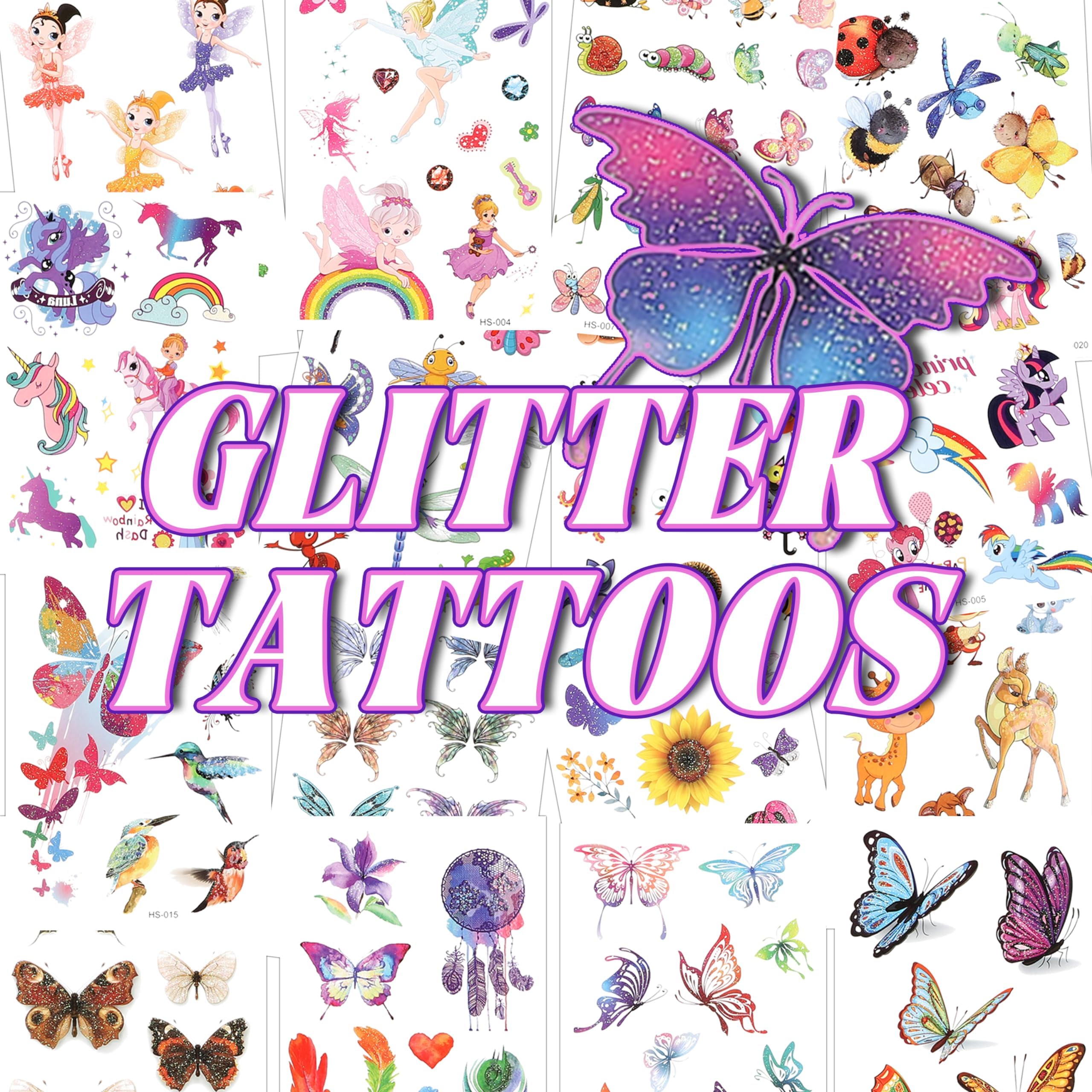 Ticiaga Glitter Tattoos for Girls - 16 Sheets Butterfly Fairy Flowers Temporary Tattoos Waterproof Fake Tattoos for Birthday Party Favors Supplies Goodie Bag Filler Stuffers Gifts for Boys Girls