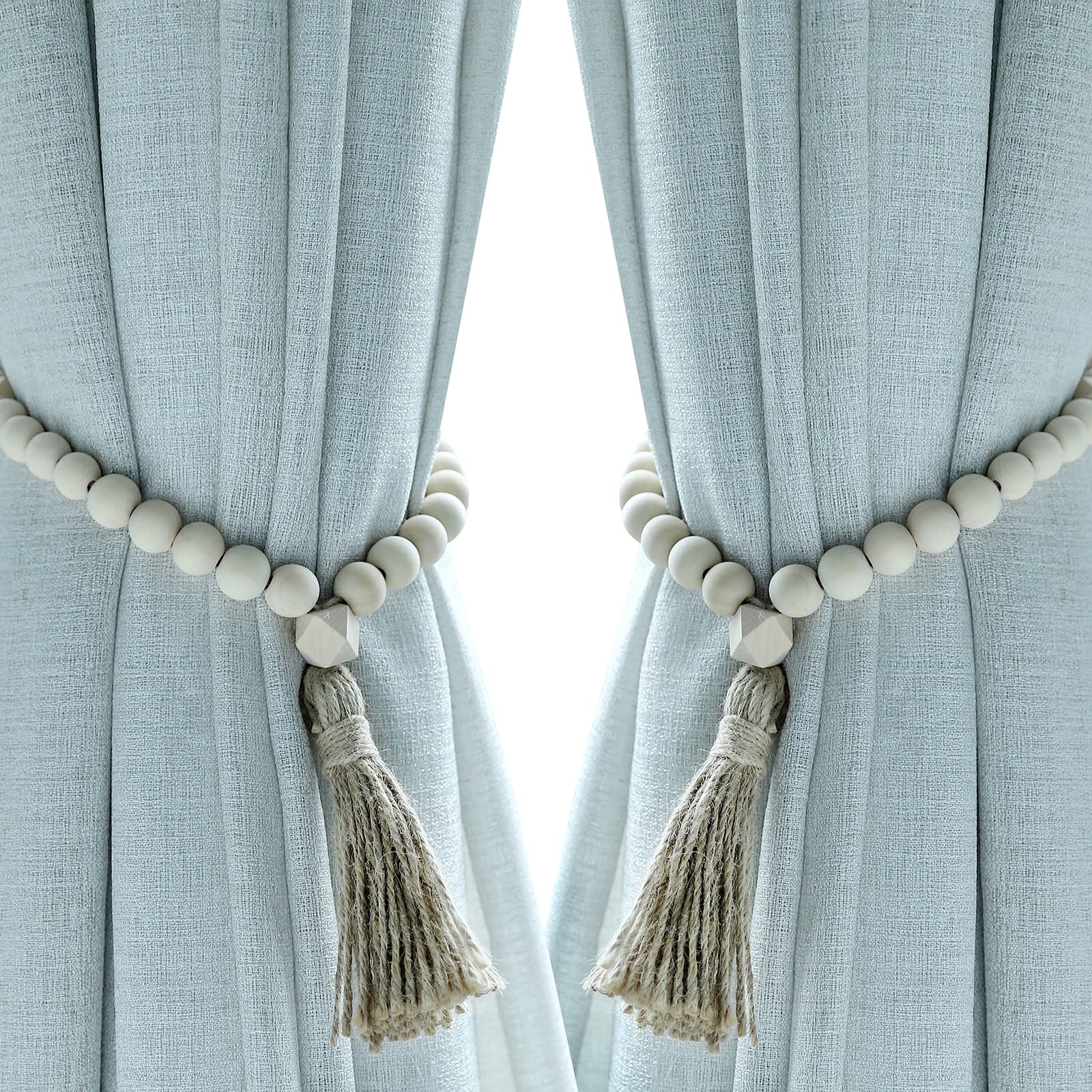 Fermatenda In Legno Naturale - Set Di 2 Con Perline E Ganci, Per Finestre, Stile Rustico O Moderno - Foto 7