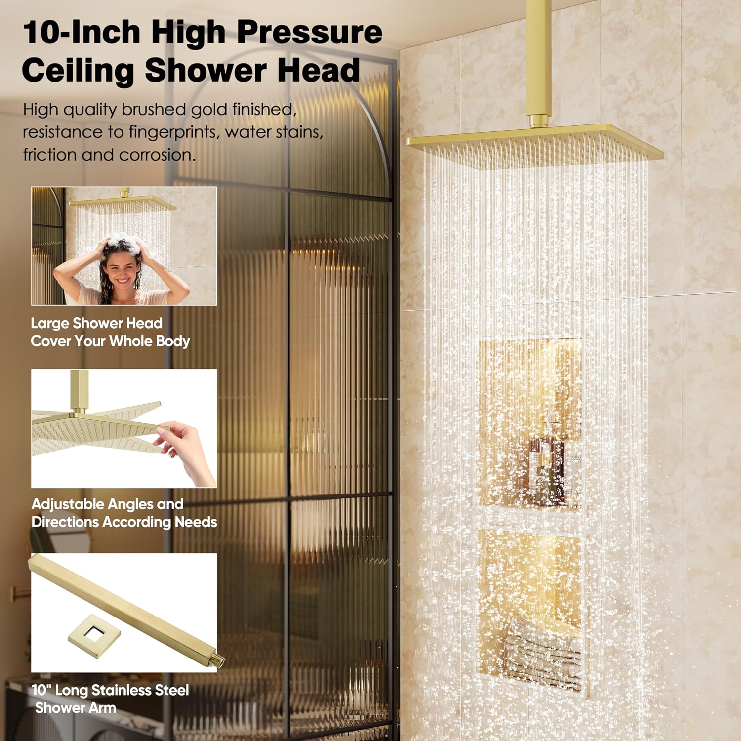 Kurpot Shower Faucet Set, Brushed Gold Shower System with 3 In 1 Push Button Diverter Valve, 10'' Ceiling Shower Head and 6'' Wall Mounted Showerhead, Brushed Gold Shower Head with Handheld Spray
