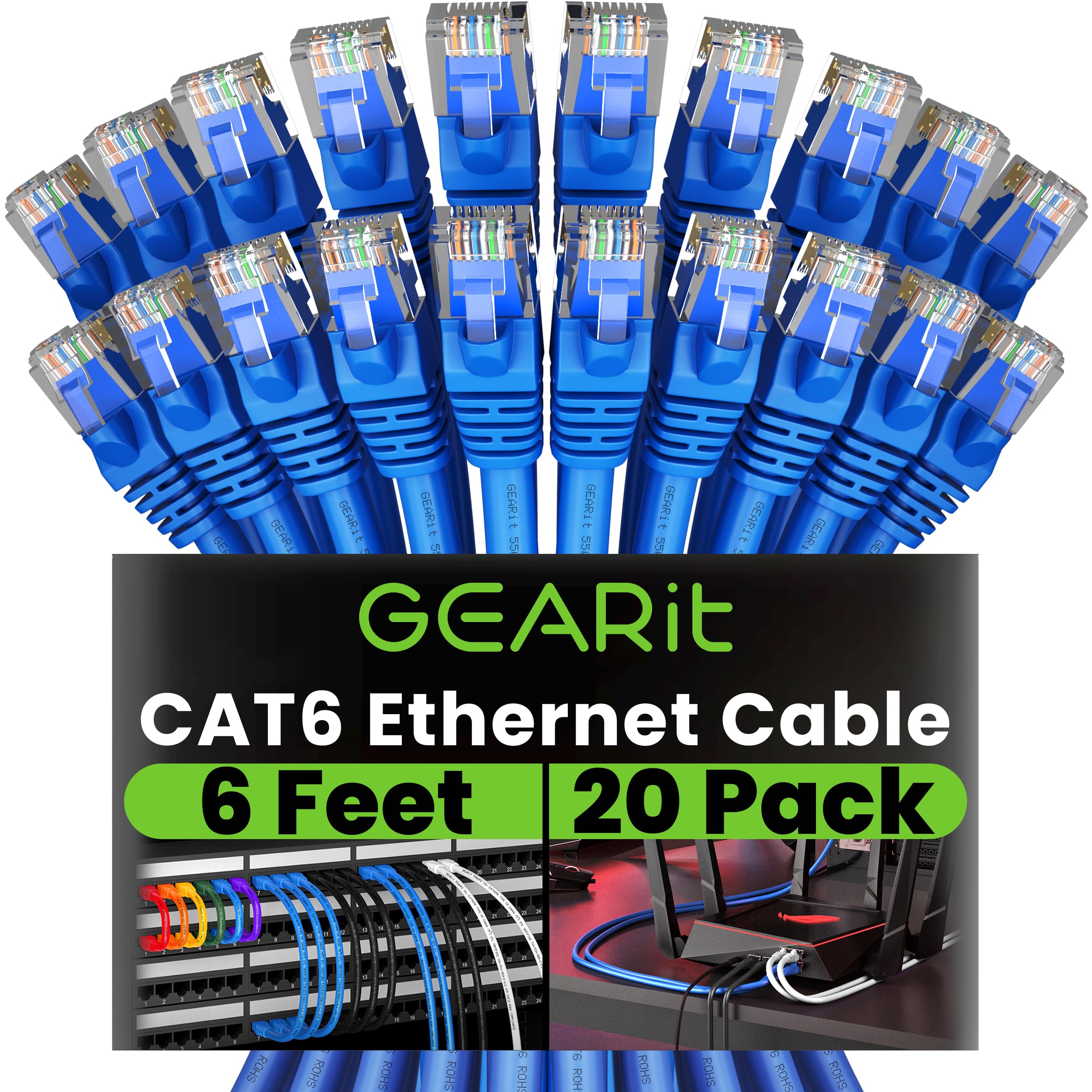 GearIT Cat 6 Ethernet Cable 6 ft (20-Pack) - Cat6 Patch Cable, Cat 6 Patch Cable, Cat6 Cable, Cat 6 Cable, Cat6 Ethernet Cable, Network Cable, Internet Cable - Blue 6 Feet