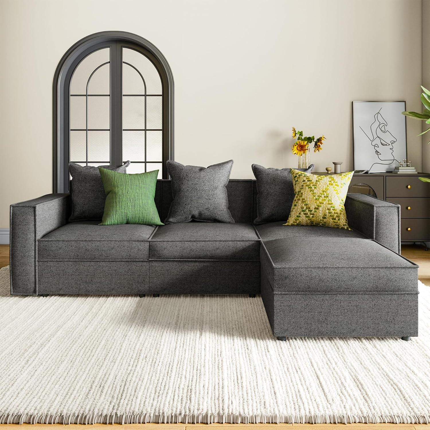 89" Modular L-Shaped Sectional Couch with Storage, Sofa with Reversible Chaise, Removable Cushion Covers, Comfy 3-Seater Woven Fabric Couch for Small Space, Apartment, Living Room, Dark Gray
