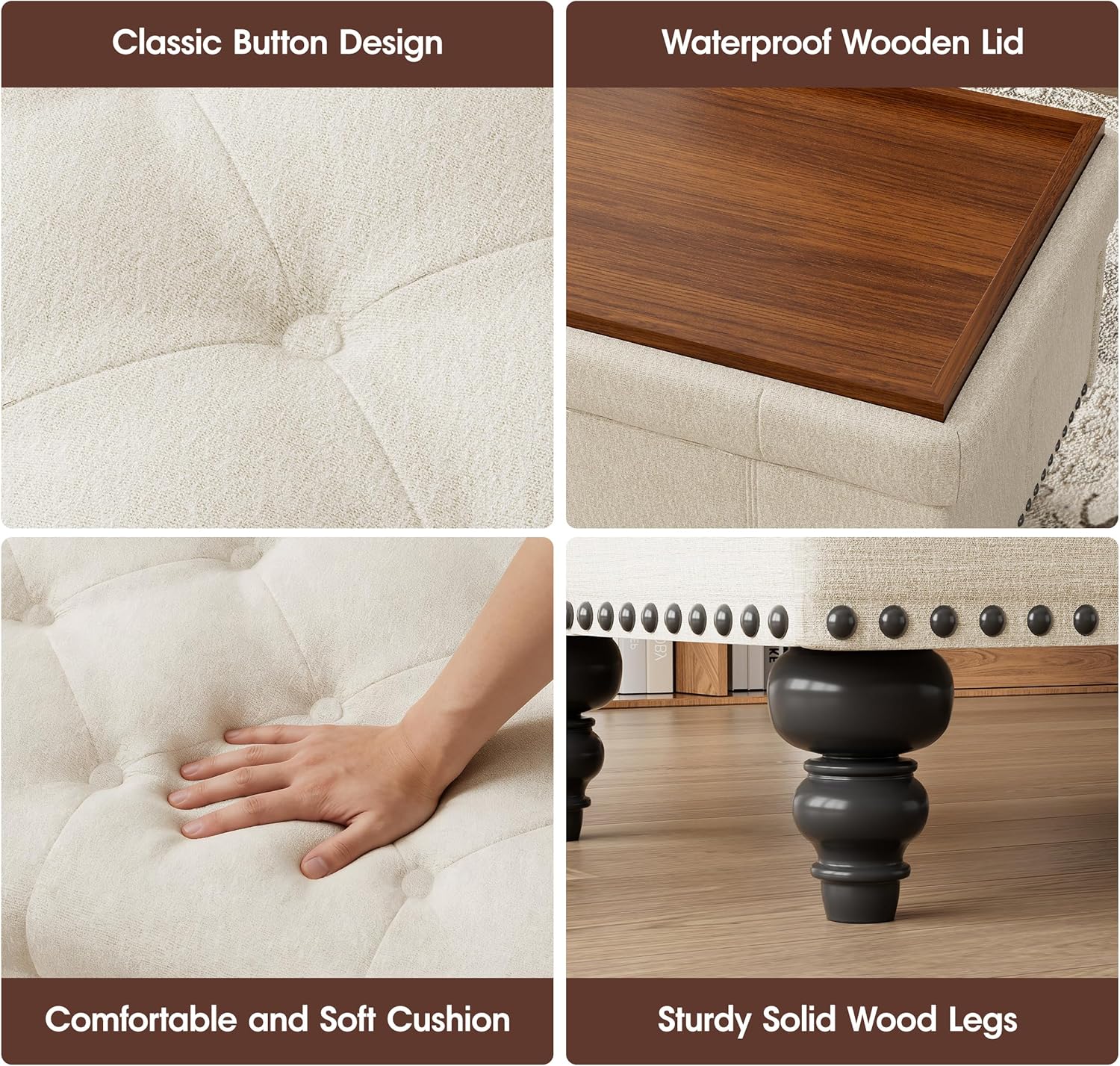 Vabches 47" Ottoman Coffee Table with Storage,Storage Ottoman Bench with Lift-Off Lid, Button Tufted Upholstered Foot of Bed Bench for Bedroom, Entryway & Living Room,Beige