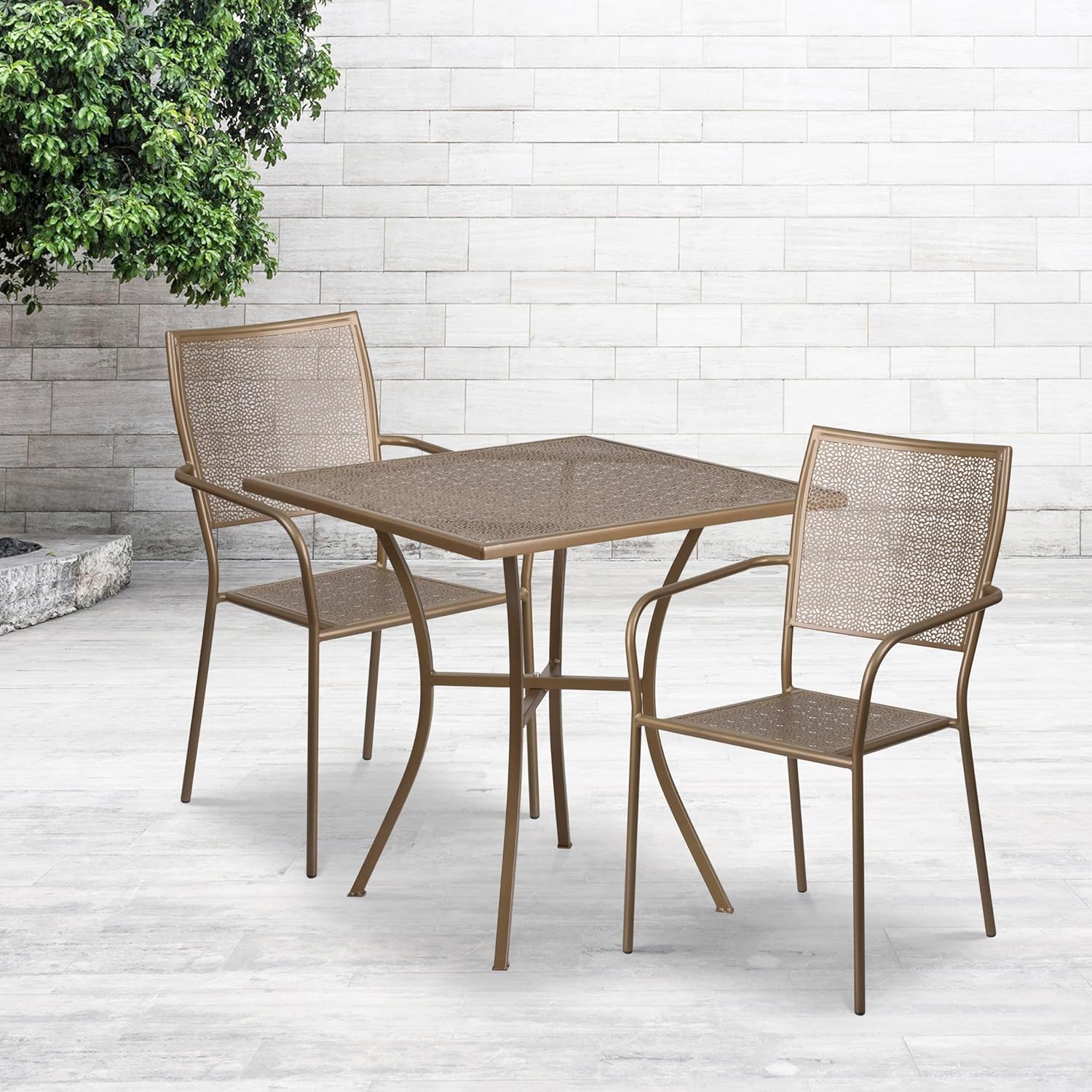EMMA + OLIVER Commercial Grade 28 Square Gold Patio Table Set-2 Square Back Chairs