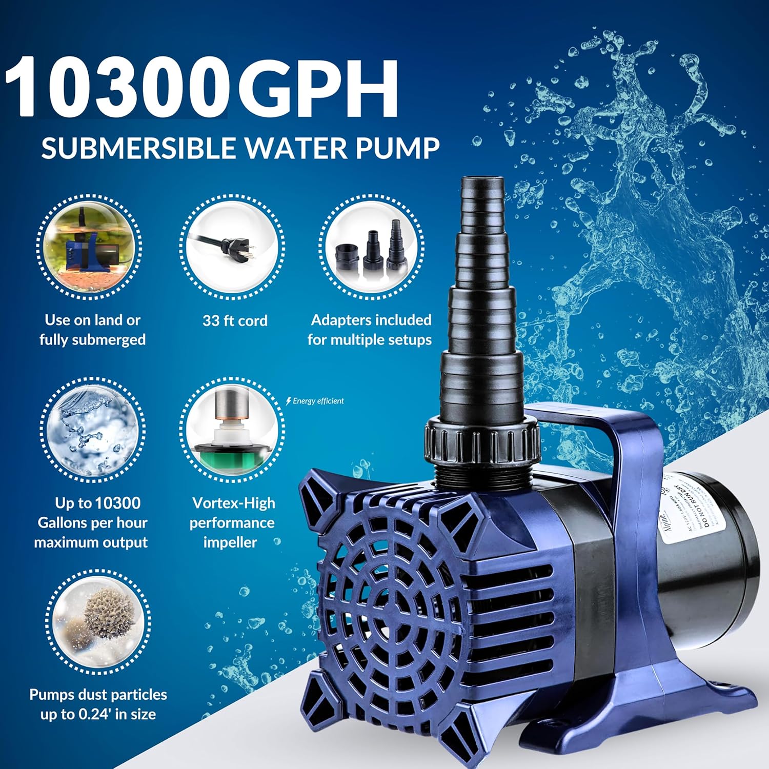 Alpine Corporation 10300 GPH Submersible Water Pump with 33 FT Cord and Adapters for Ponds, Fountains, Waterfalls, and Water Circulation, 960 Watts 40 FT Lift Quiet Operation