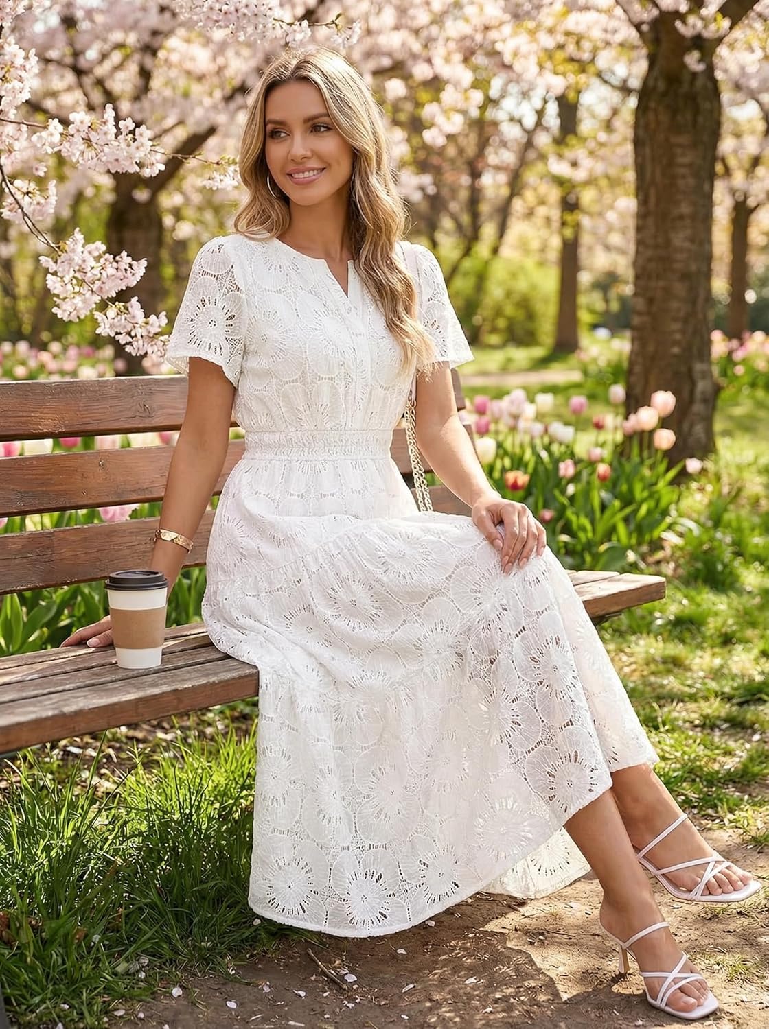 MEROKEETY Women's Summer Floral Maxi Dress 2026 Spring Boho Vacation Eyelet Lace Short Sleeve A Line Tiered Flowy Dresses - Image 5