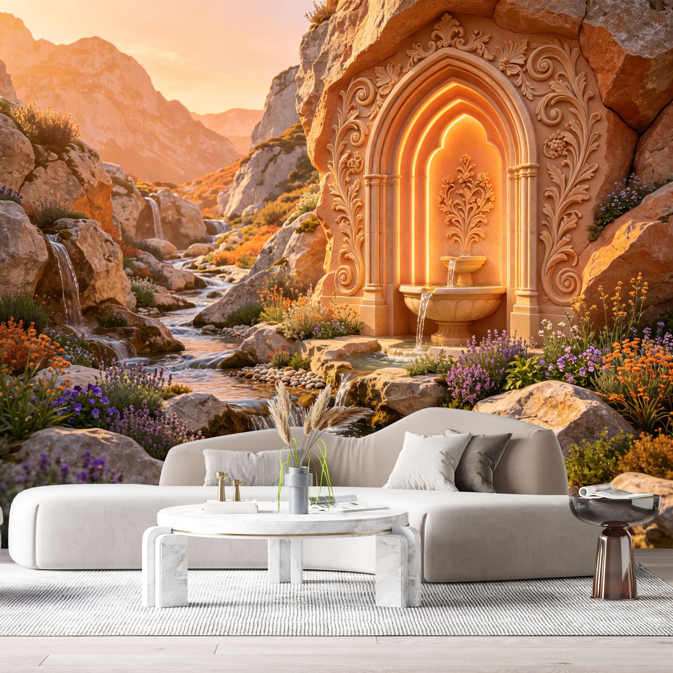 Custom Size Wall Murals Fantasy Landscape Gothic Fountain Mountain Stream 3D Trompe L'Oeil SelfAdhesiveWall Fabric Removable Wallpaper Wall Decor for Living Room Bedroom Bathroom