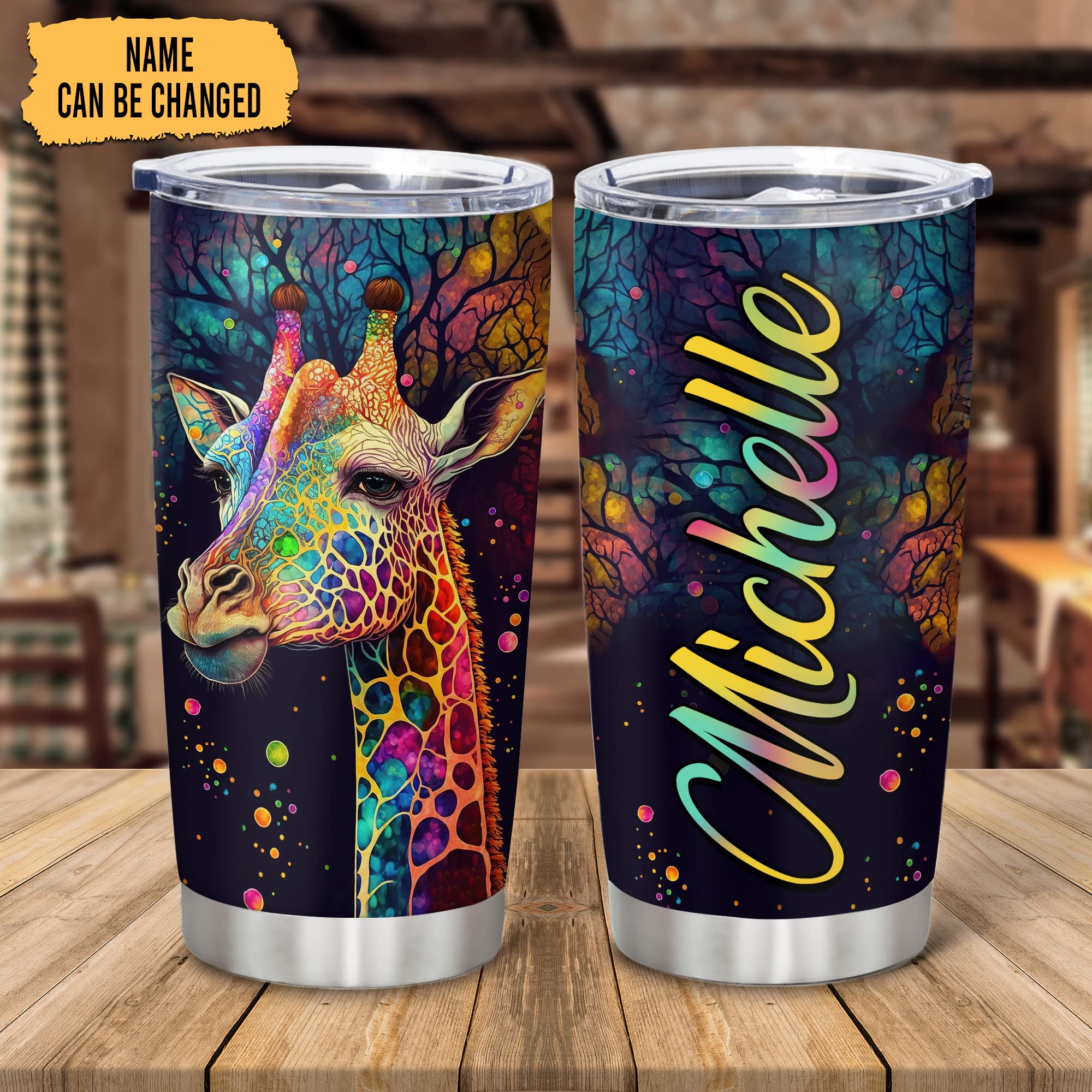 Hyturtle Personalized Gifts For Giraffe Lover - Birthday Christmas - Giraffe Print Custom Name Stainless Steel Tumbler 20oz With Straw Lid - Giraffe Lover Gifts For Her Women Girl Friend