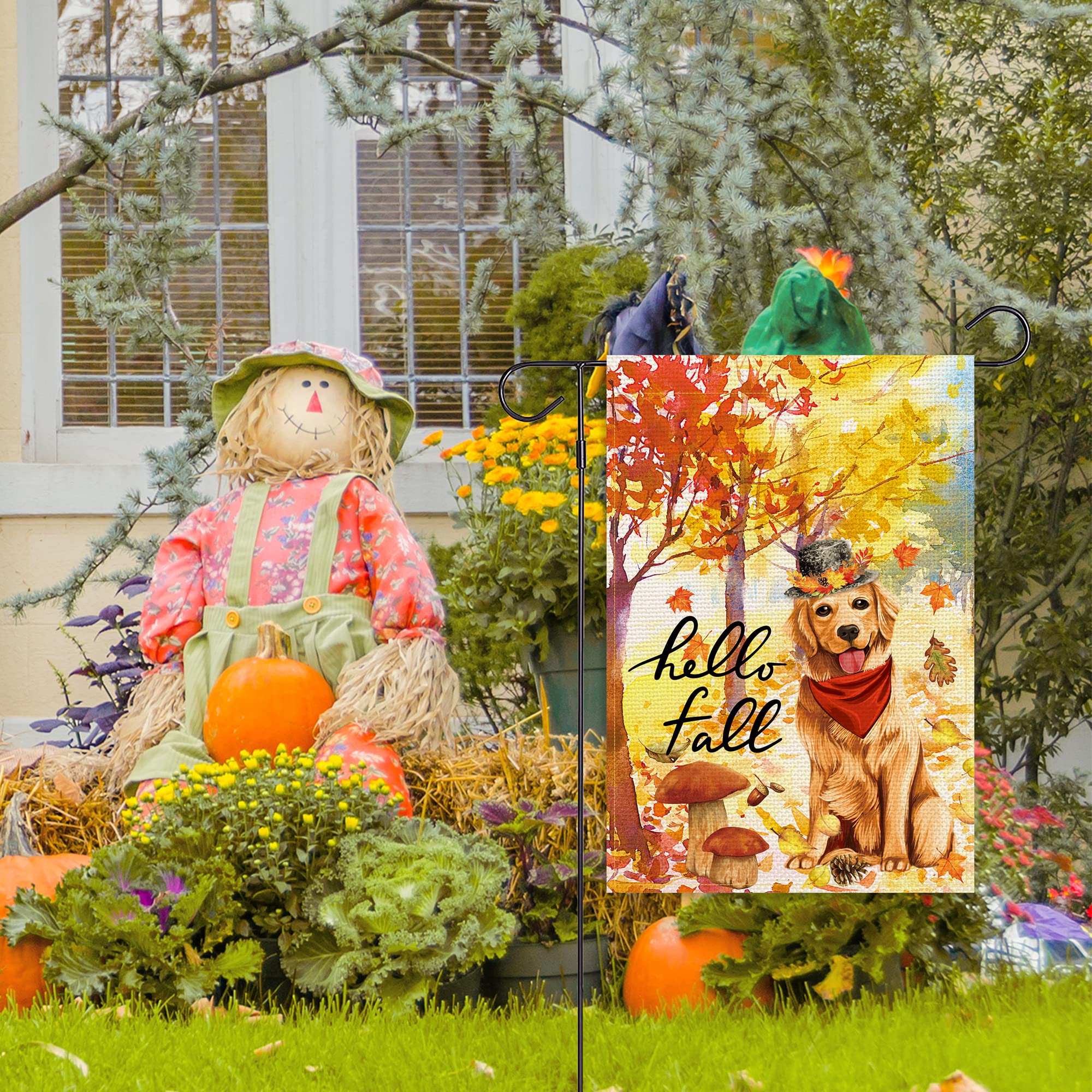 Gartenflagge Hello Fall Mit Hund – Doppelseitig, 32,5x45,7 Cm, Aus Poly-Leinen Für Herbst-Deko