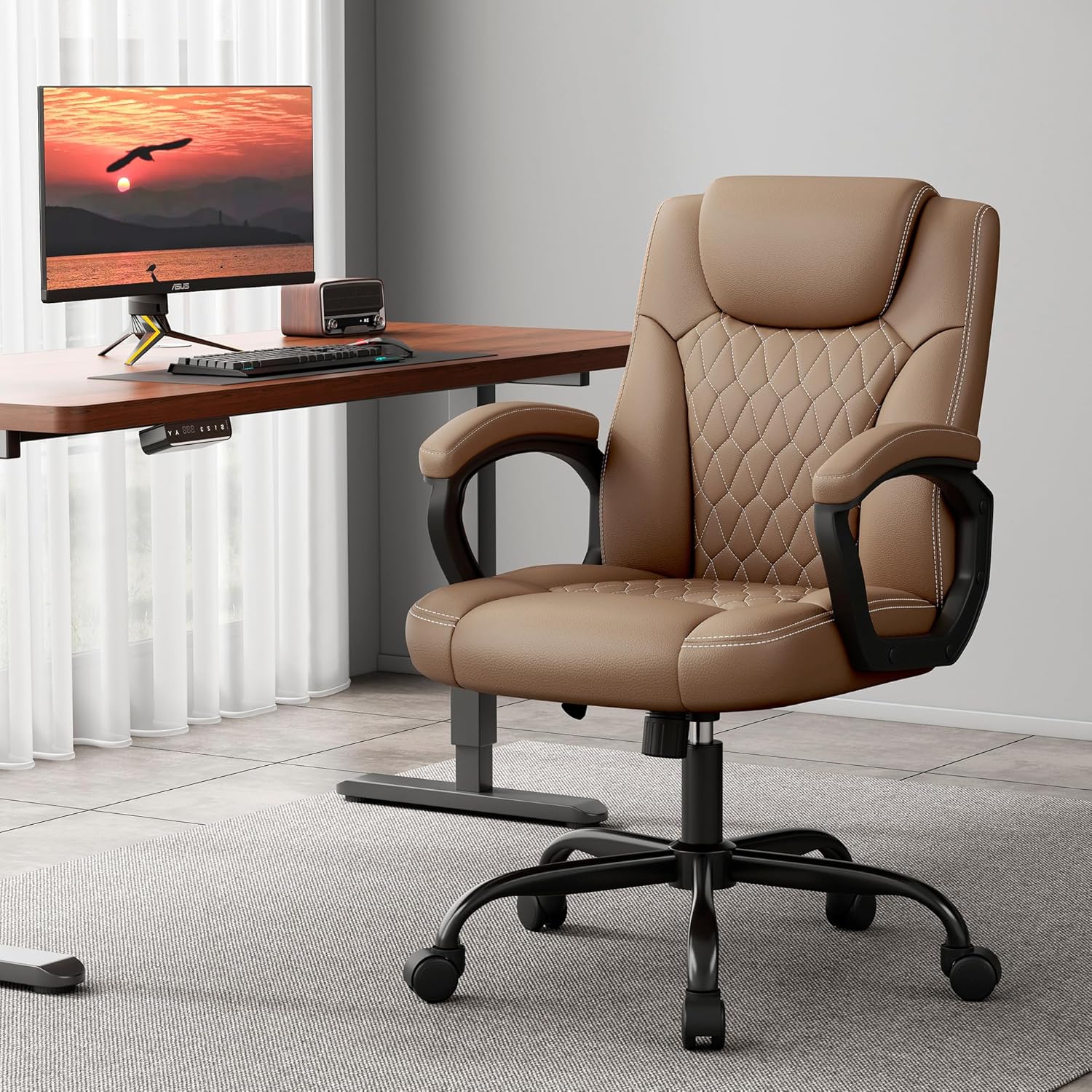 Misolant Office Chair, Executive Desk Chair, PU Leather Comfortable Ergonomic Chairs with Fixed Armrest, Adjustable Height, Rocking Function, 360° Swivel Wheels, Brown