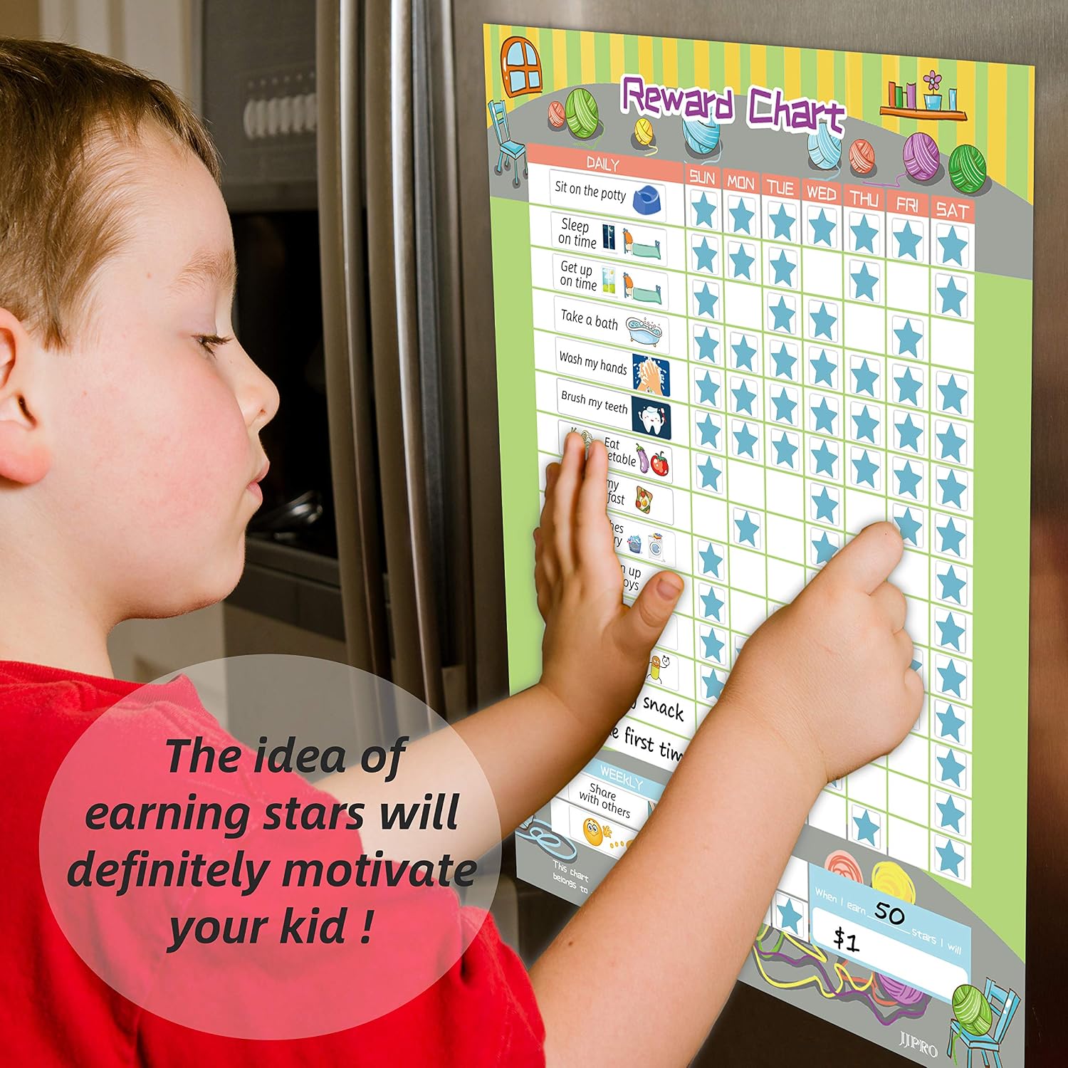 Magnetic Bahavior Chart for Kid at Home, Resuable Chore Chart for Kid, Reward Chart for Kids Behavior. Each Set Includes 30 tasks, 104 Stars, and one 11“ x 14.5" Magnetic Chart- Green