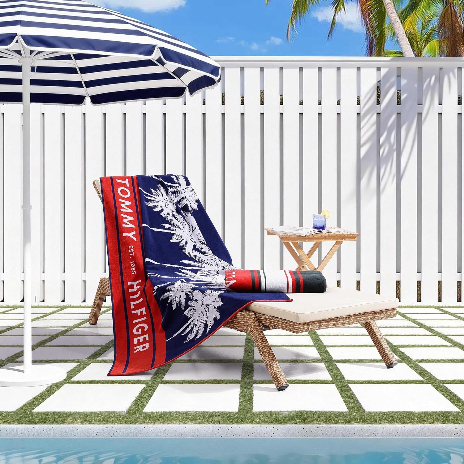 Tommy Hilfiger - Beach Towel, 100% Cotton Soft & Absorbent Plush Towel with Z-Twist Velour, Beach Essentials (Boulevard Blue, 36" x 68")