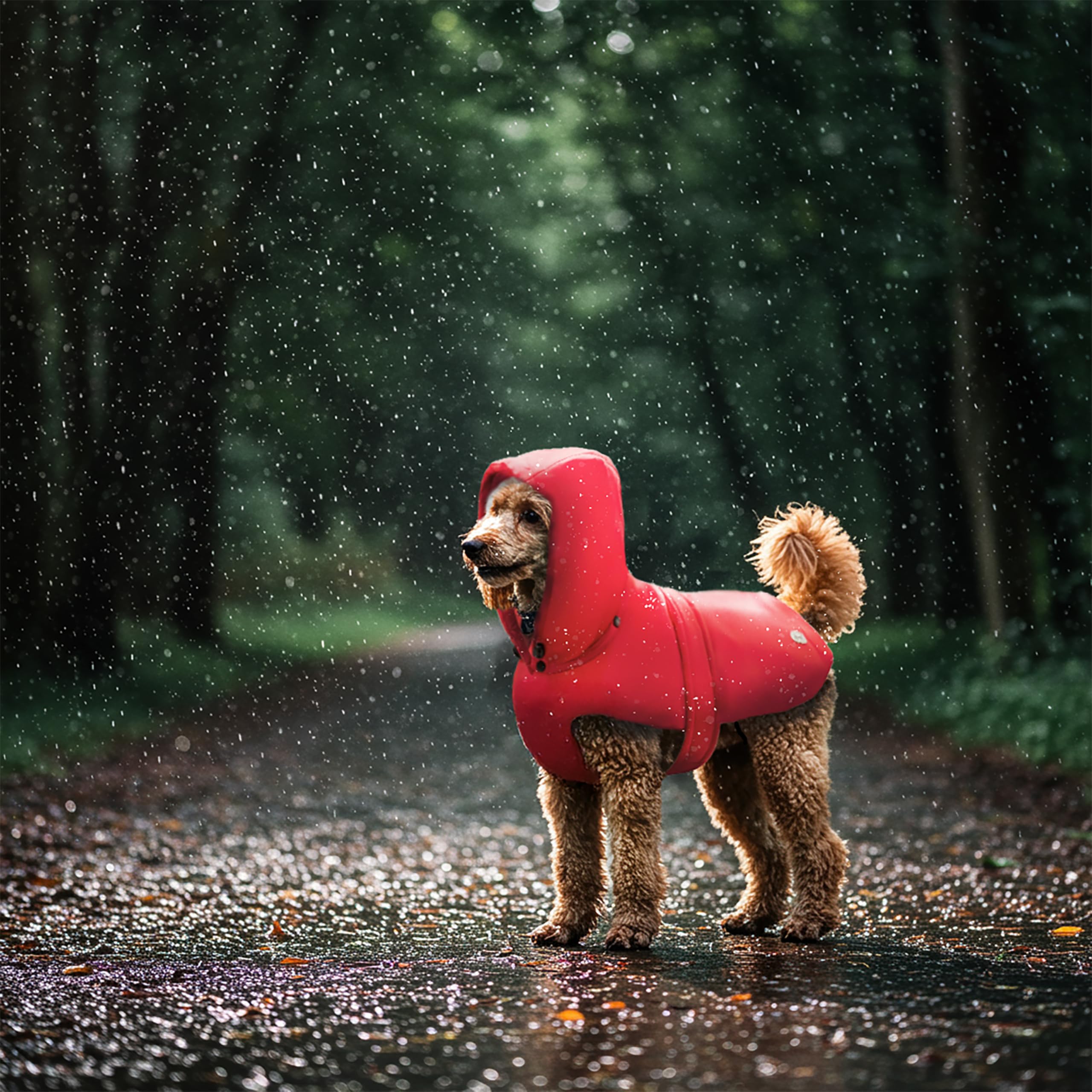 Record - Brumy Hunde-Regenmantel mit Abnehmbarer Kapuze. Warmer und strapazierfähiger Regenmantel, perfekt zum Schutz Ihres Hundes vor Regen und Kälte | Rot, L - Rückenlänge 45 cm