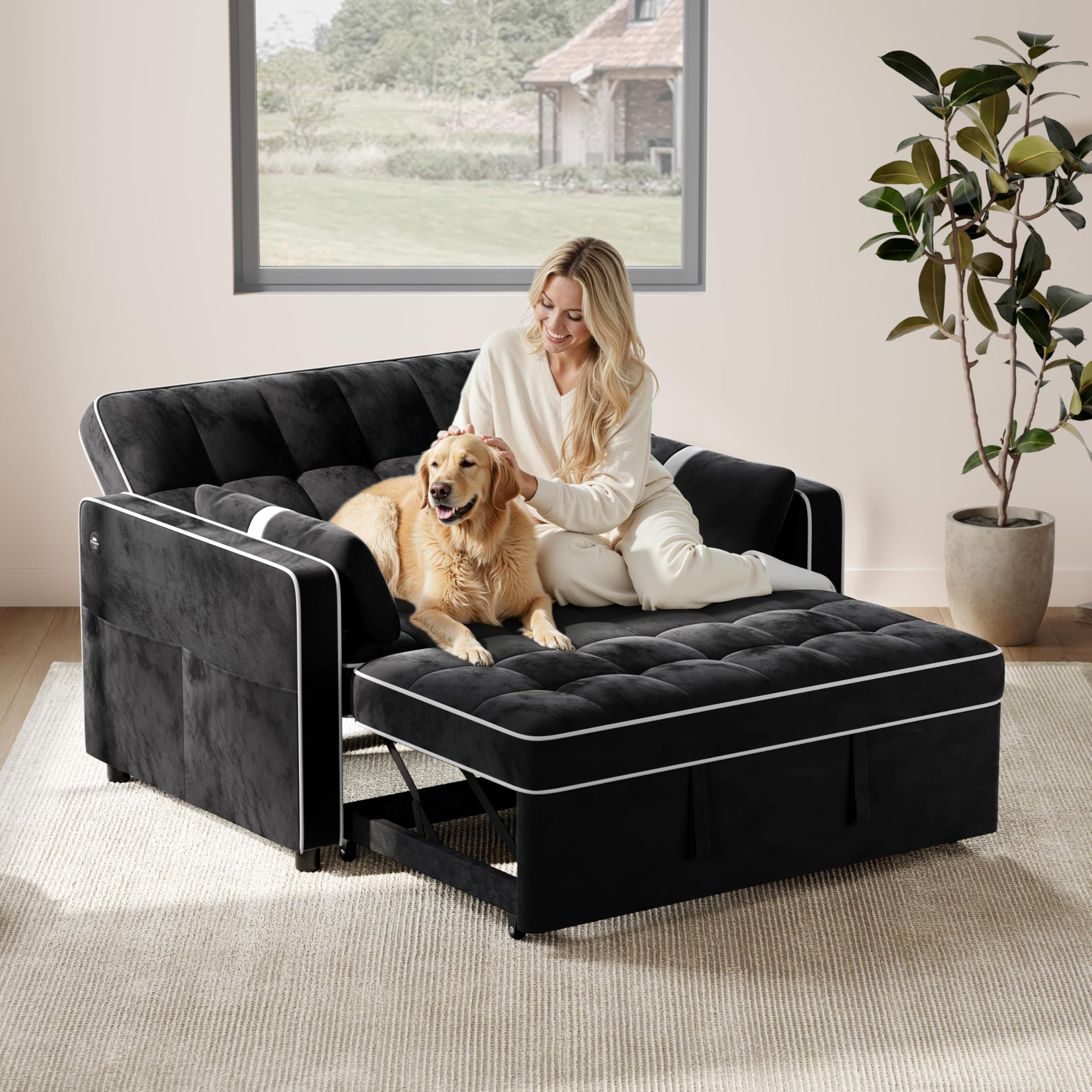 Yaheetech 3 in 1 Sofa Bed Convertible Sleeper Sofa with USB Ports, Black | Velvet Pull Out Couch Folding Loveseat Sleeper, Armrest Pillows, USB Ports, Side Pockets for Living Room Bedroom Apartment