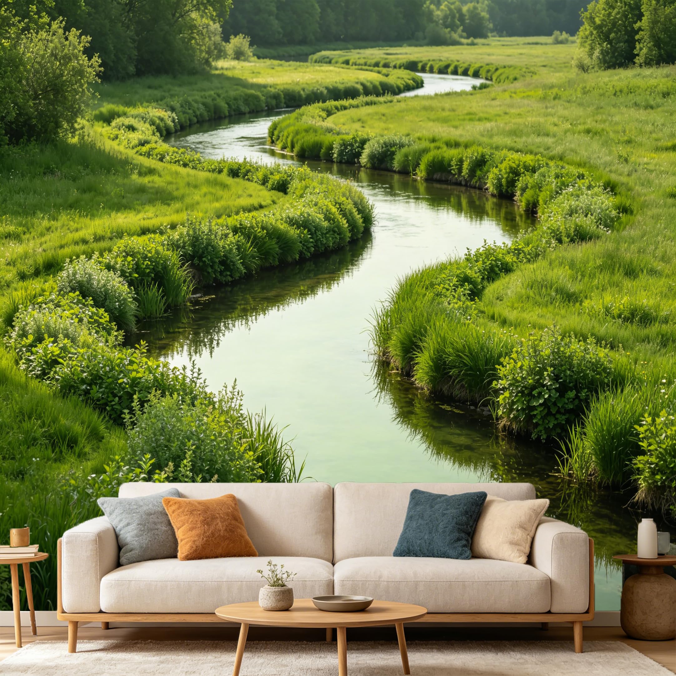 Custom Size Wall Mural Landscape Scenic River Winding Stream Mountain Lake Forest Nature View SelfAdhesive Art Prints wall Fabric（No PVC） Removable Wallpaper Home Bedroom Decor