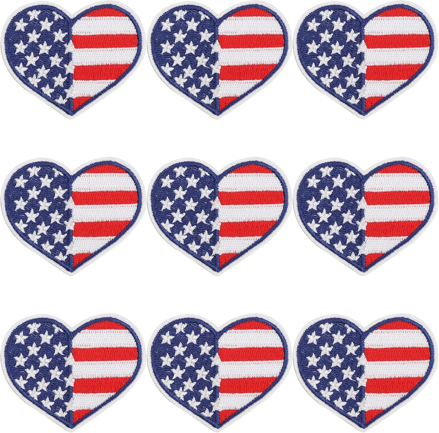 9 Pcs American Flag Heart Iron on Patches, Patriotic Heart Embroidered Appliques for 4th of July, Red White Blue Sew on Iron on Repair Patch for Clothing Decor Independence Day Party Supplies