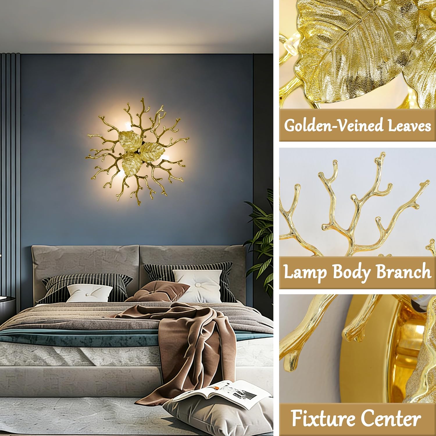 14 Inch Gold Coral Branch Wall Sconce, 3-Light G9 Base Aluminum Wall Light, Luxury Art Decor Fixture for Living Room, Bedroom & Dining Room