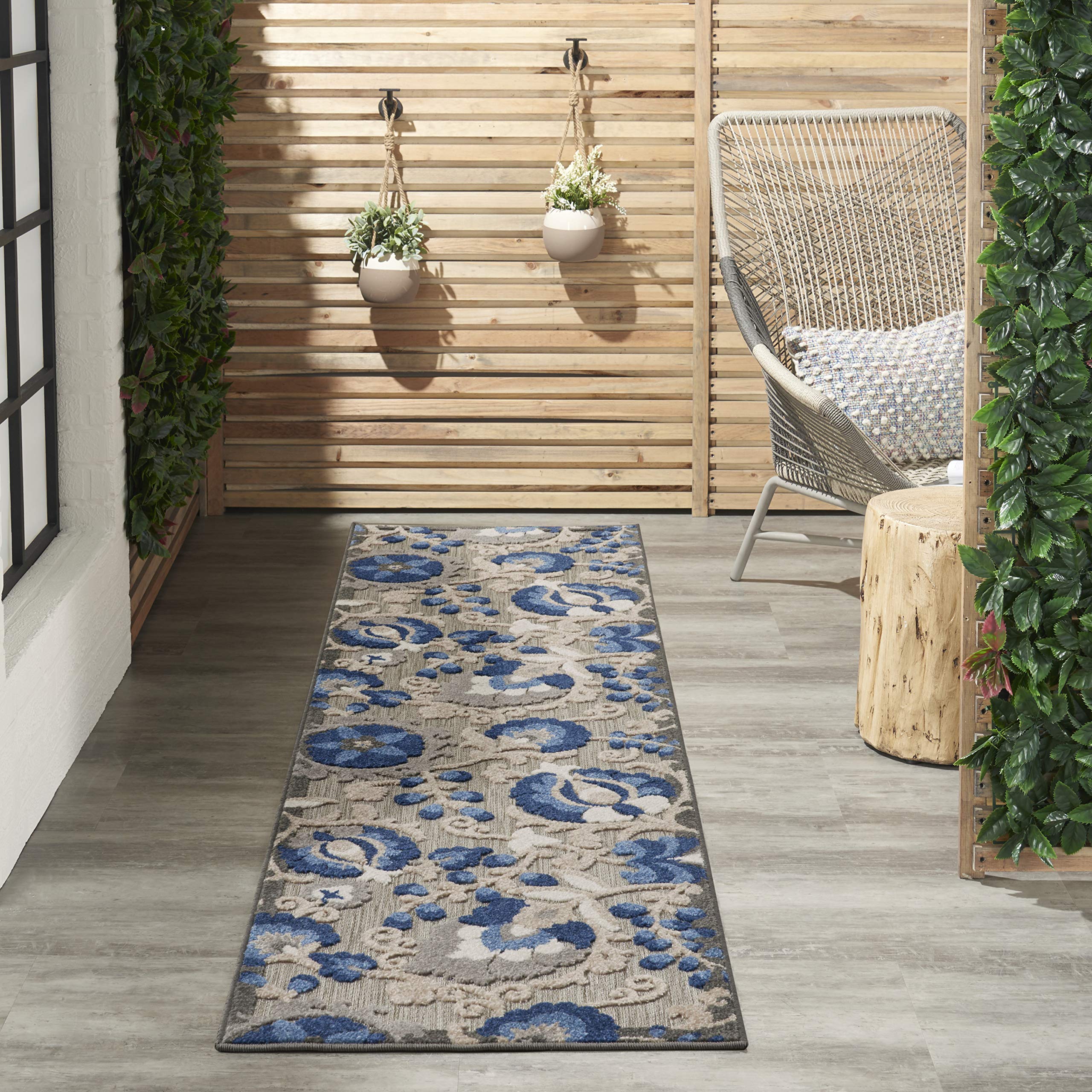 Nourison Aloha Indoor/Outdoor Natural/Blue 2'3" x 12' Area Rug, Easy Cleaning, Non Shedding, Bed Room, Living Room, Dining Room, Backyard, Deck, Patio (2x12)