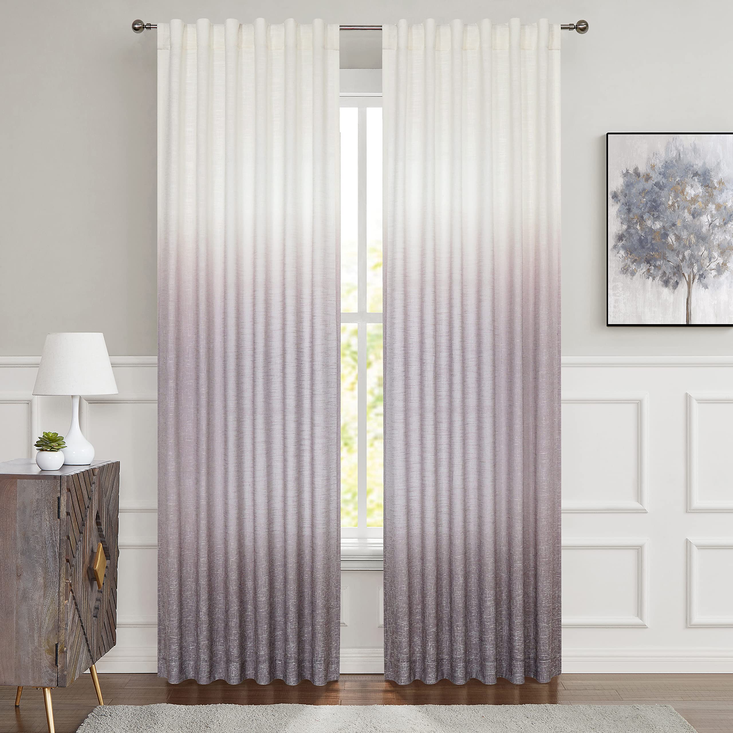 Central Park Ombre Window Curtain Panel Linen Gradient Print on Rayon Blend Fabric Backtab Rod Pocket Drapery Treatments for Living Room/Bedroom, Cream White to Lavender/Purple, 50" x 108", Set of 2