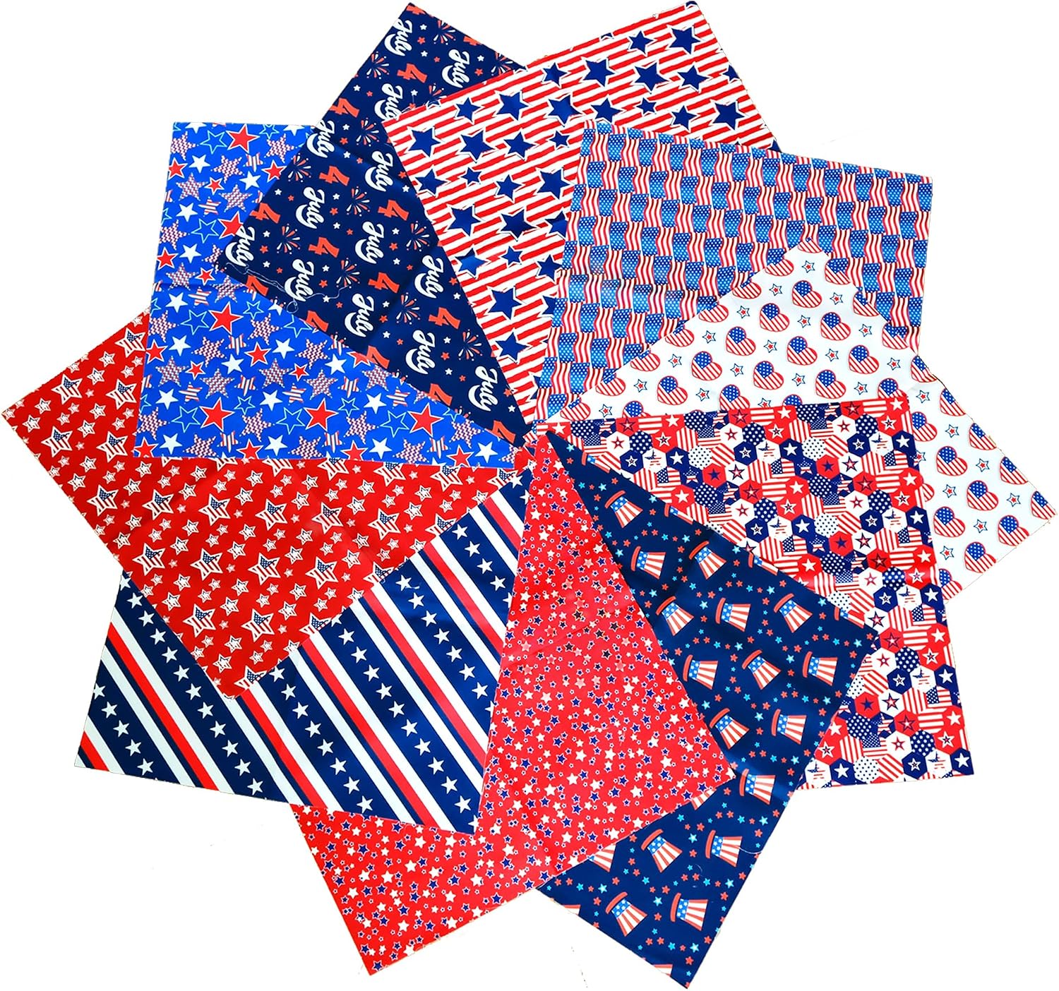 10 Pcs 4th of July Patriotic Fabric Bundles,19.69x19.69 Inch Red White and Blue Stars Fat Quarters Independence Day Quilting Patchwork Squares Sewing Fabrics for 250th Anniversary DIY Craft Home Decor