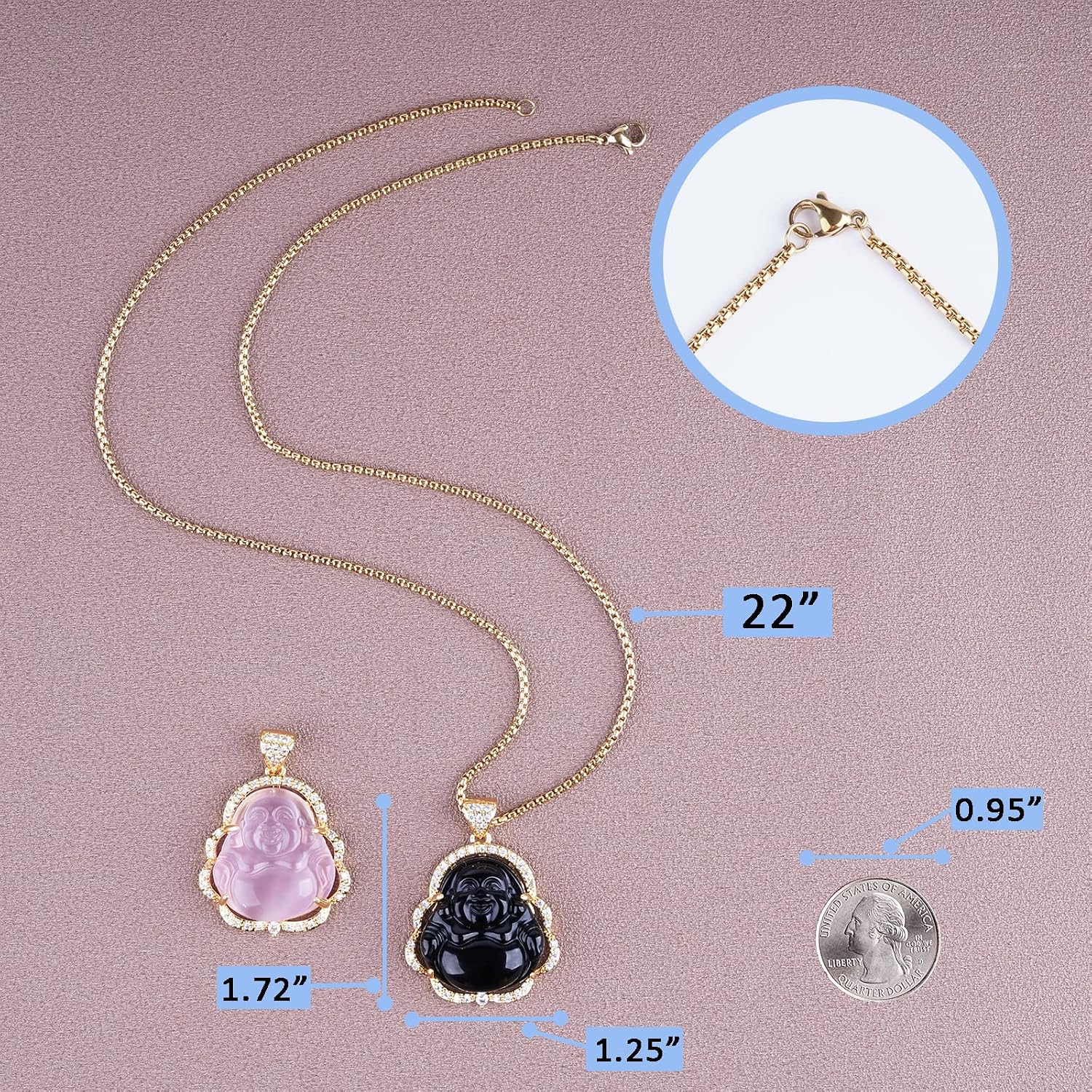 Buddha Necklace Jade Laughing Buddha Pendant with 14K Gold Plated Chain Cubic Zirconia Buddah Necklaces for Women Men