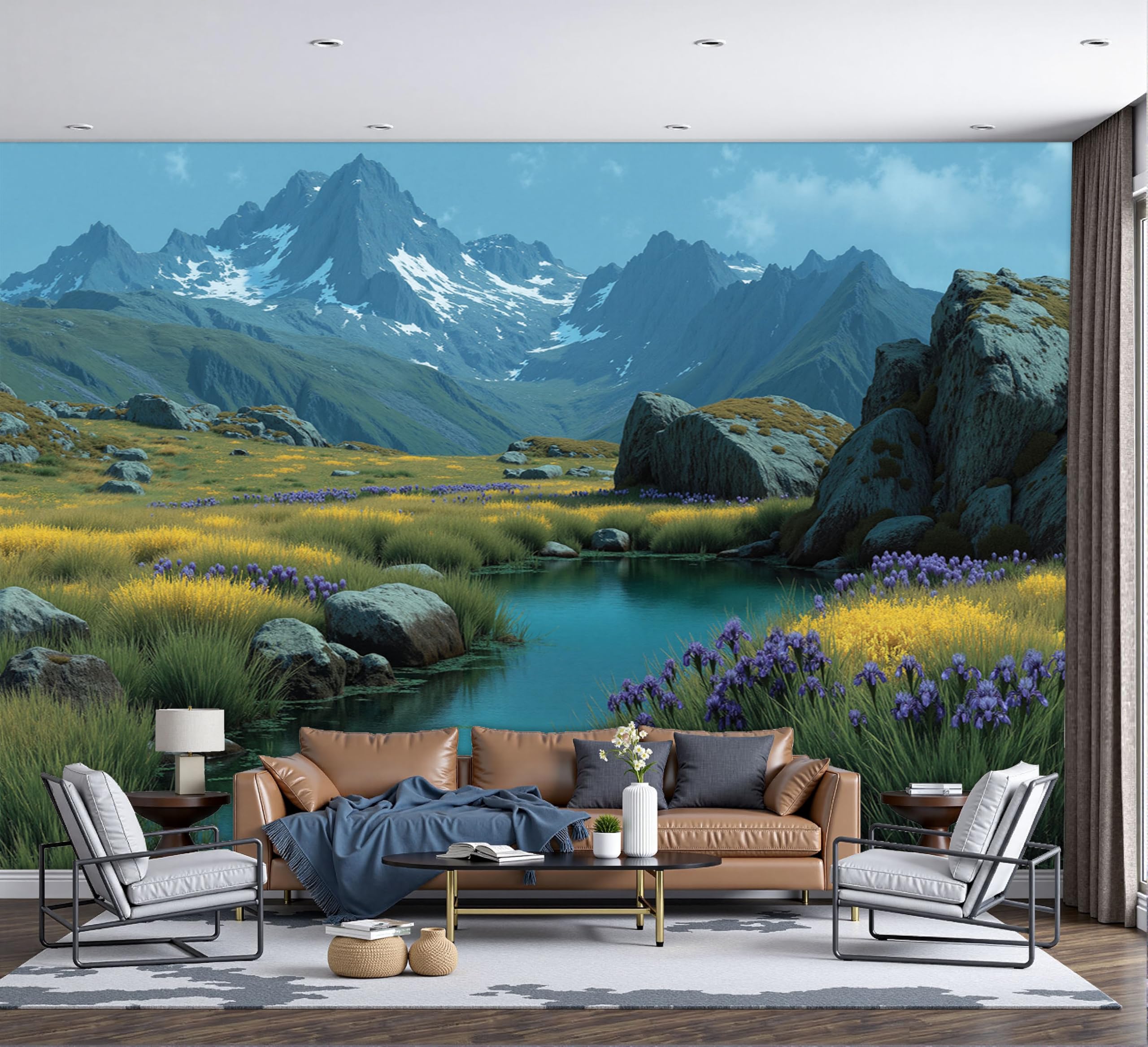 Papier peint panoramique prairie et ruisseau 3D pour salon et chambre 450x315cm
