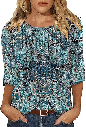 KISSMODA Tunic Tops for Women Loose Fit Dressy Round Neck Pleated 3/4 Length Sleeve Spring Tops