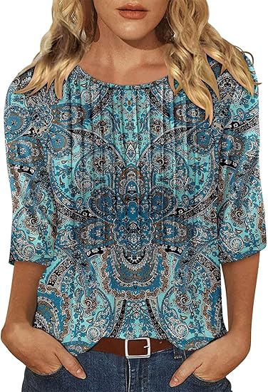 KISSMODA Tunic Tops for Women Loose Fit Dressy Round Neck Pleated 3/4 Length Sleeve Spring Tops