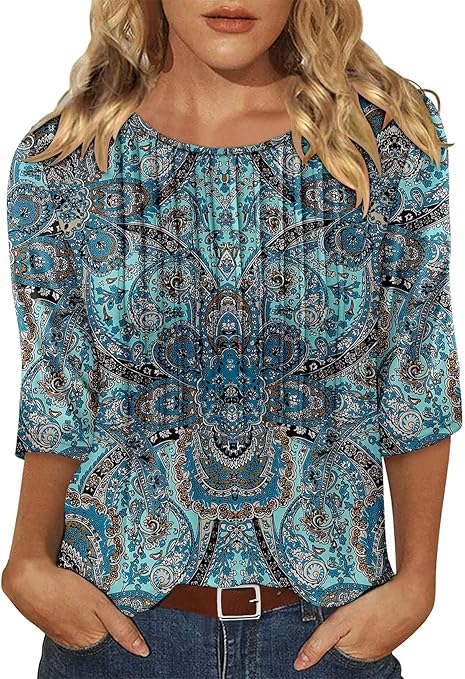 KISSMODA Tunic Tops for Women Loose Fit Dressy Round Neck Pleated 3/4 Length Sleeve Spring Tops